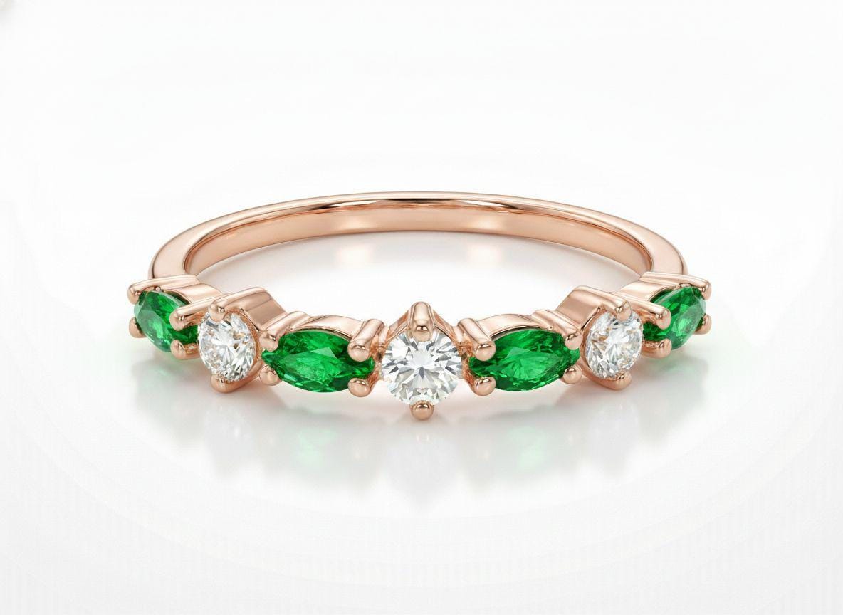 Graduation Gift Emerald Ring, Marquise and Round Band, Alternating Green Gemstone Half Eternity, Vintage Art Deco Style, May Birthstone