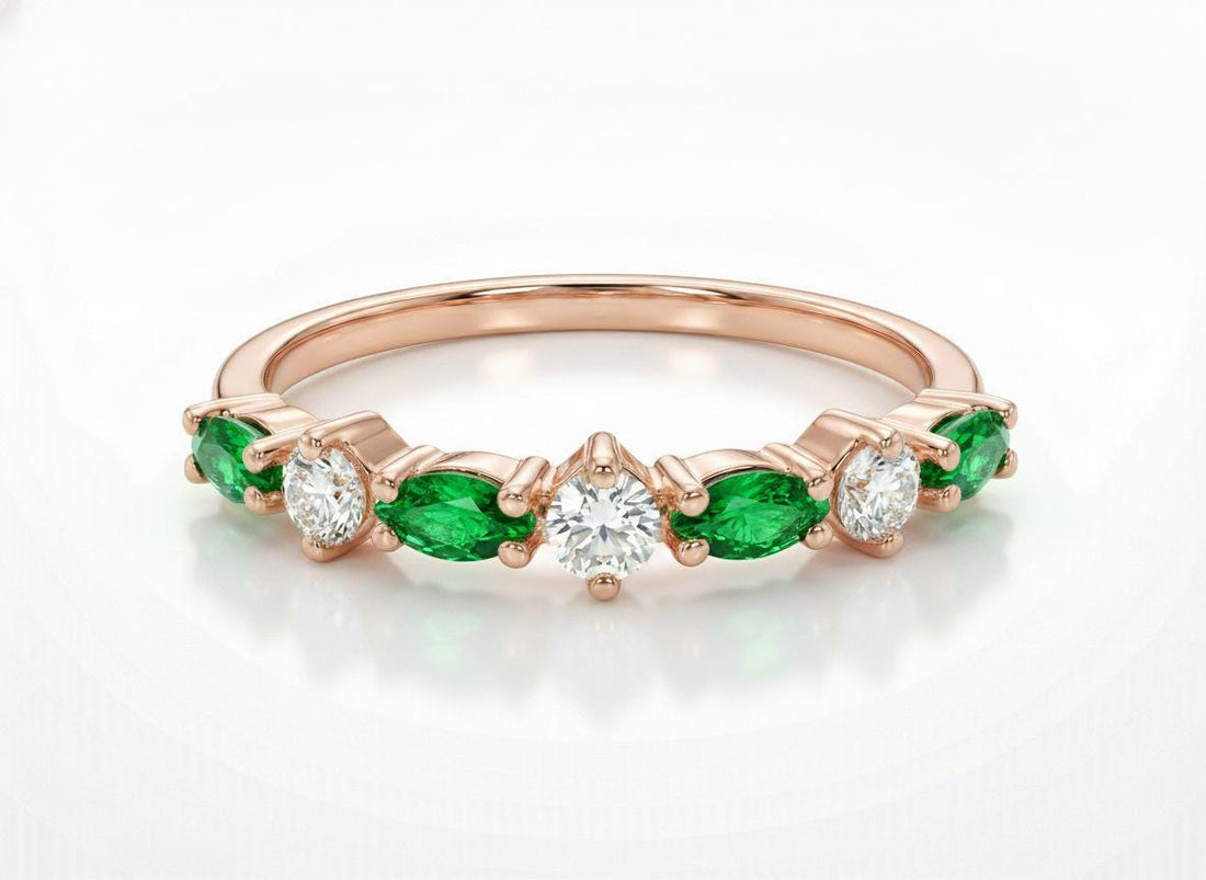 Graduation Gift Emerald Ring, Marquise and Round Band, Alternating Green Gemstone Half Eternity, Vintage Art Deco Style, May Birthstone
