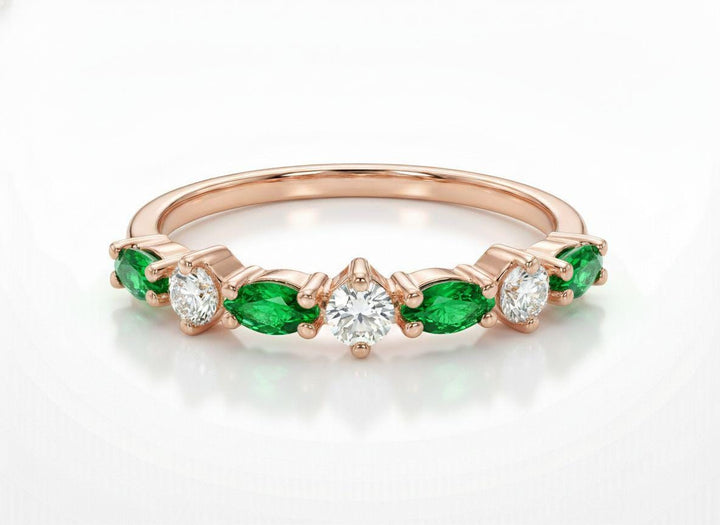 Graduation Gift Emerald Ring, Marquise and Round Band, Alternating Green Gemstone Half Eternity, Vintage Art Deco Style, May Birthstone