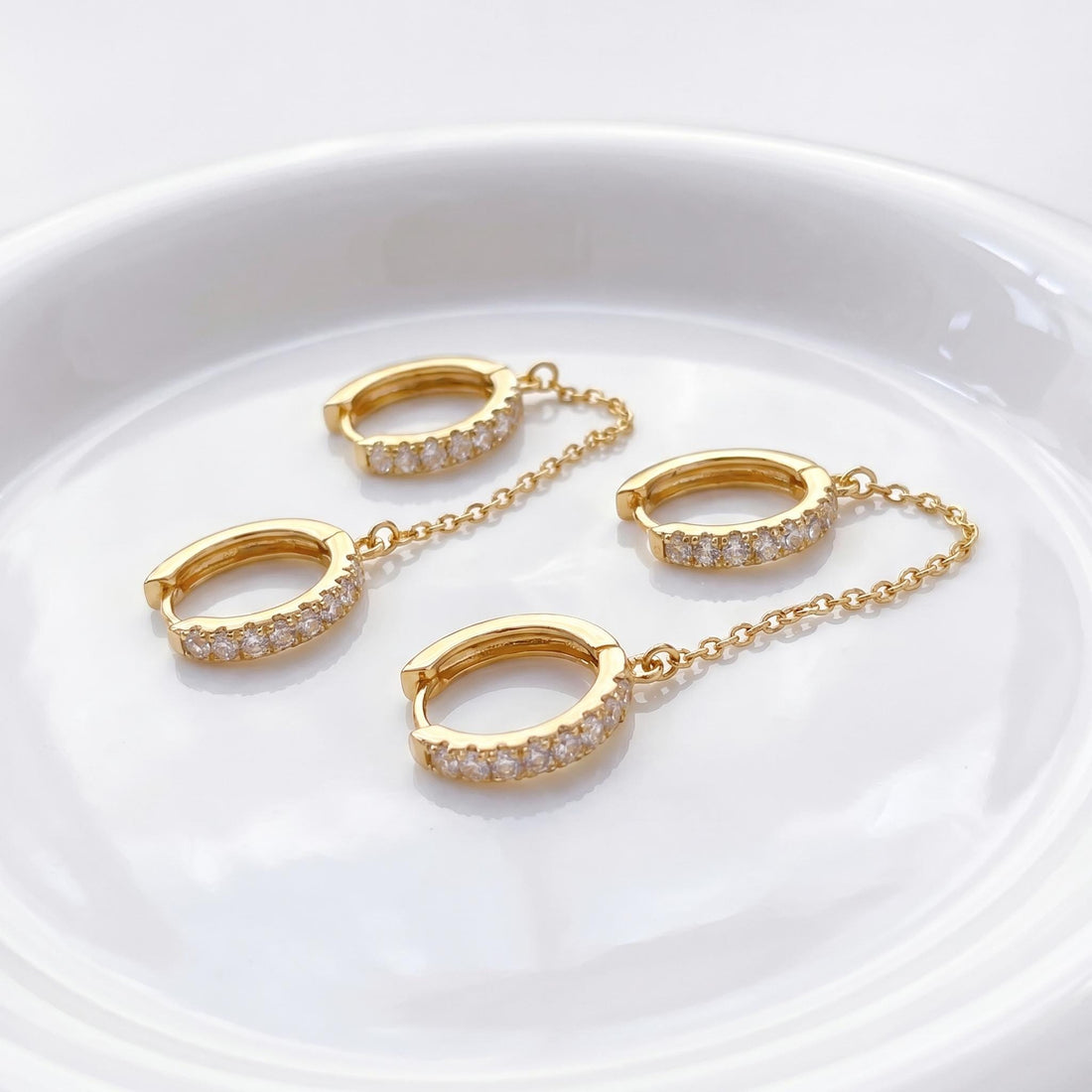 Diamonds Hoop Earrings, Huggie Hoop Earrings Gift for Women, Bridal Earrings, Sparkly Double Chain Hoops
