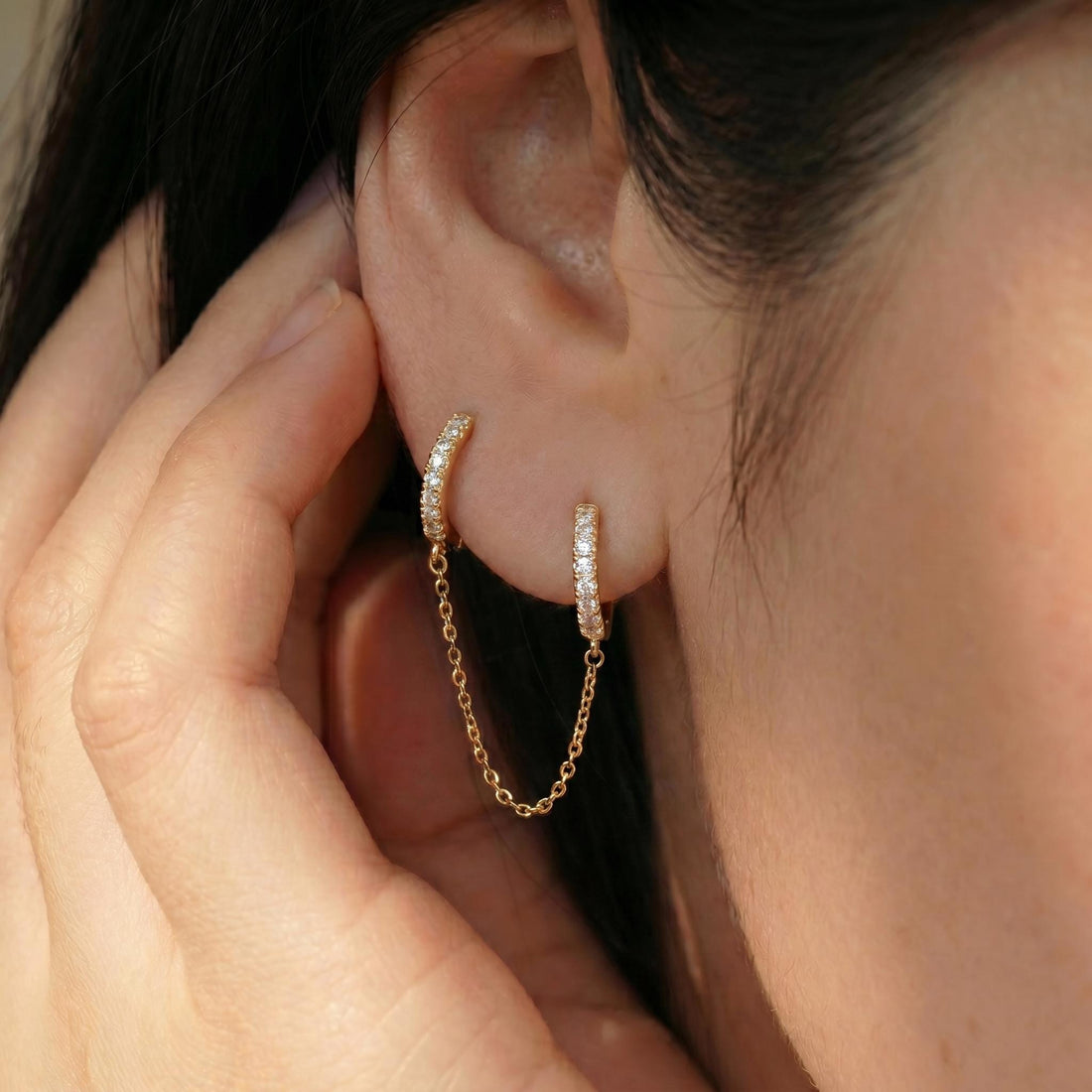 Diamonds Hoop Earrings, Huggie Hoop Earrings Gift for Women, Bridal Earrings, Sparkly Double Chain Hoops