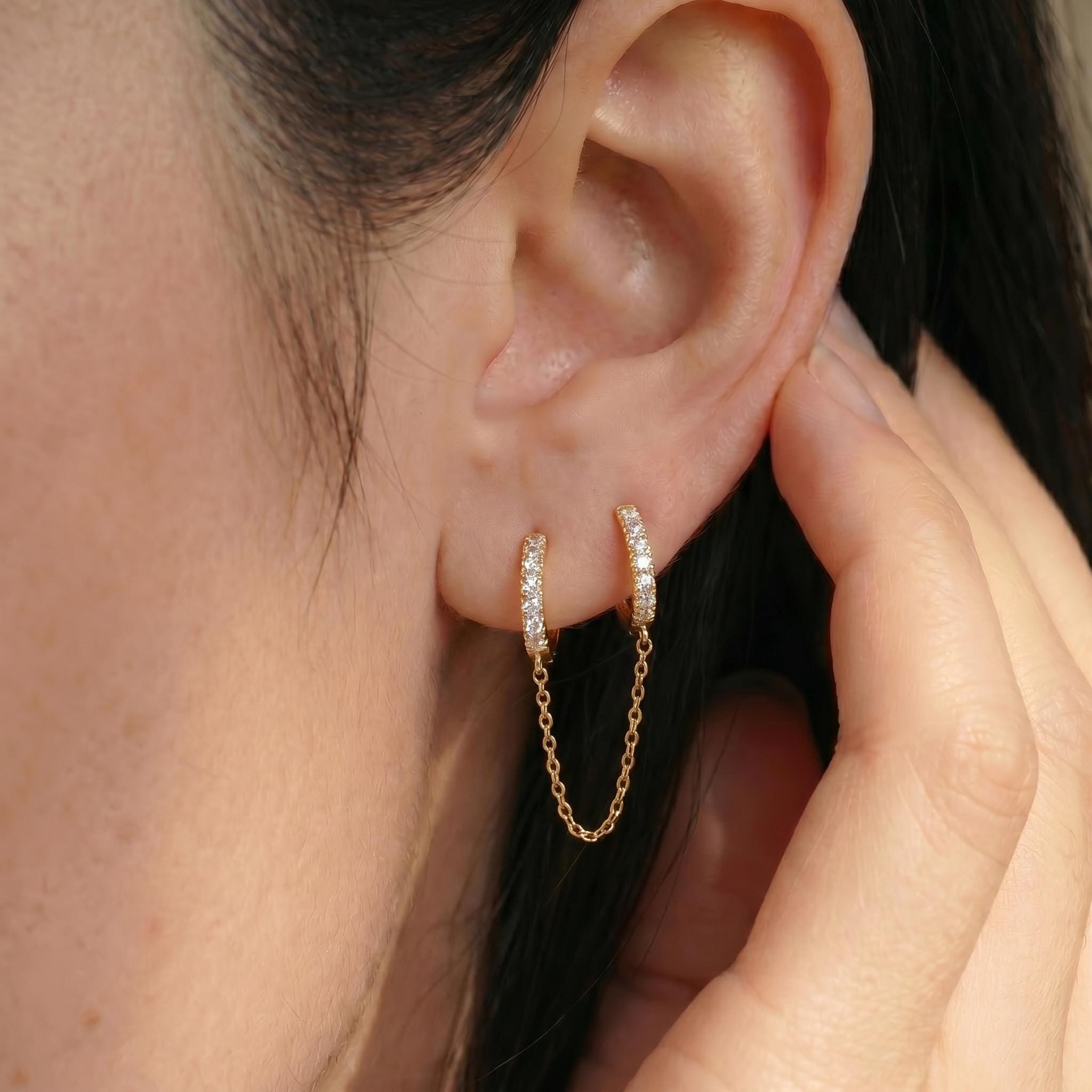 Diamonds Hoop Earrings, Huggie Hoop Earrings Gift for Women, Bridal Earrings, Sparkly Double Chain Hoops