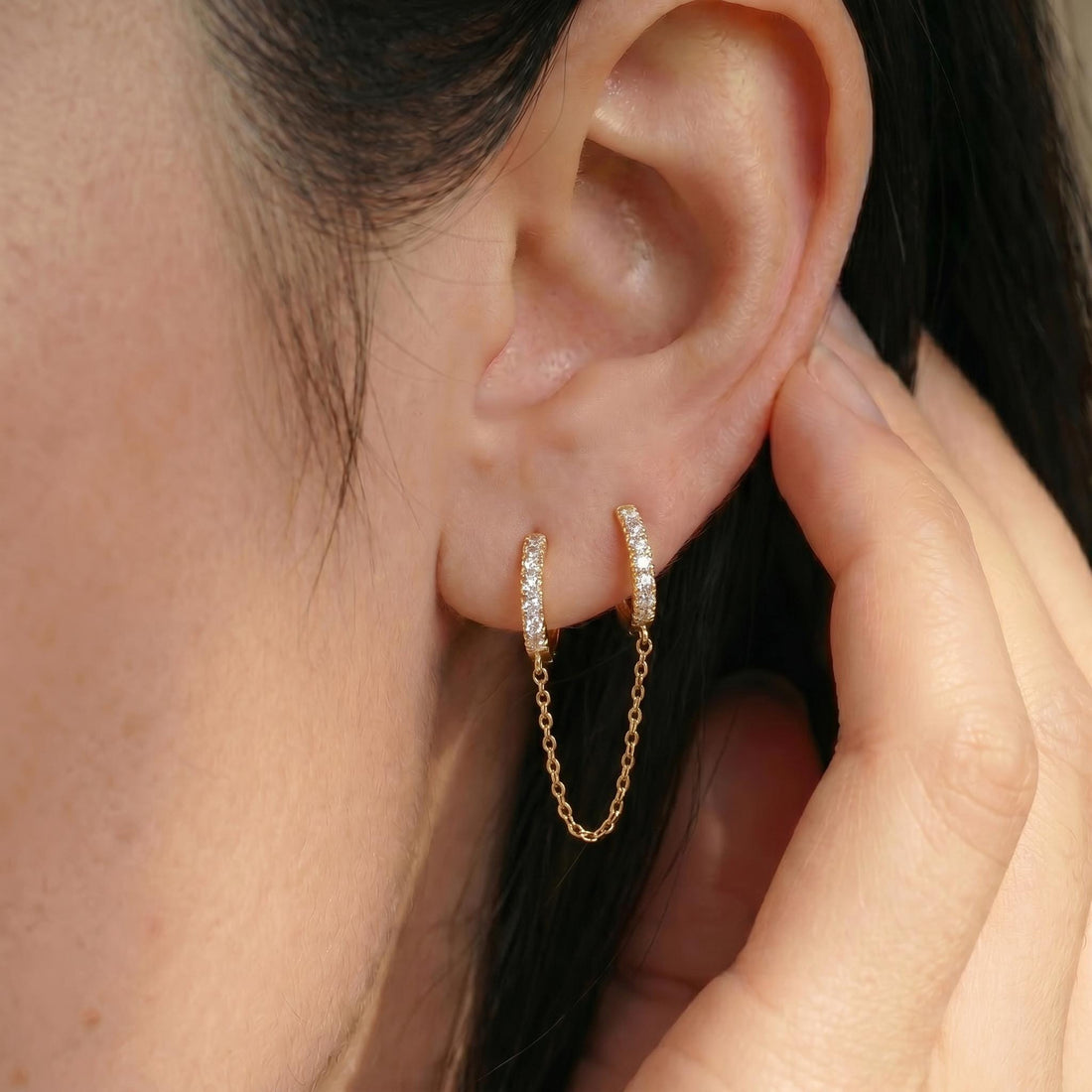 Diamonds Hoop Earrings, Huggie Hoop Earrings Gift for Women, Bridal Earrings, Sparkly Double Chain Hoops