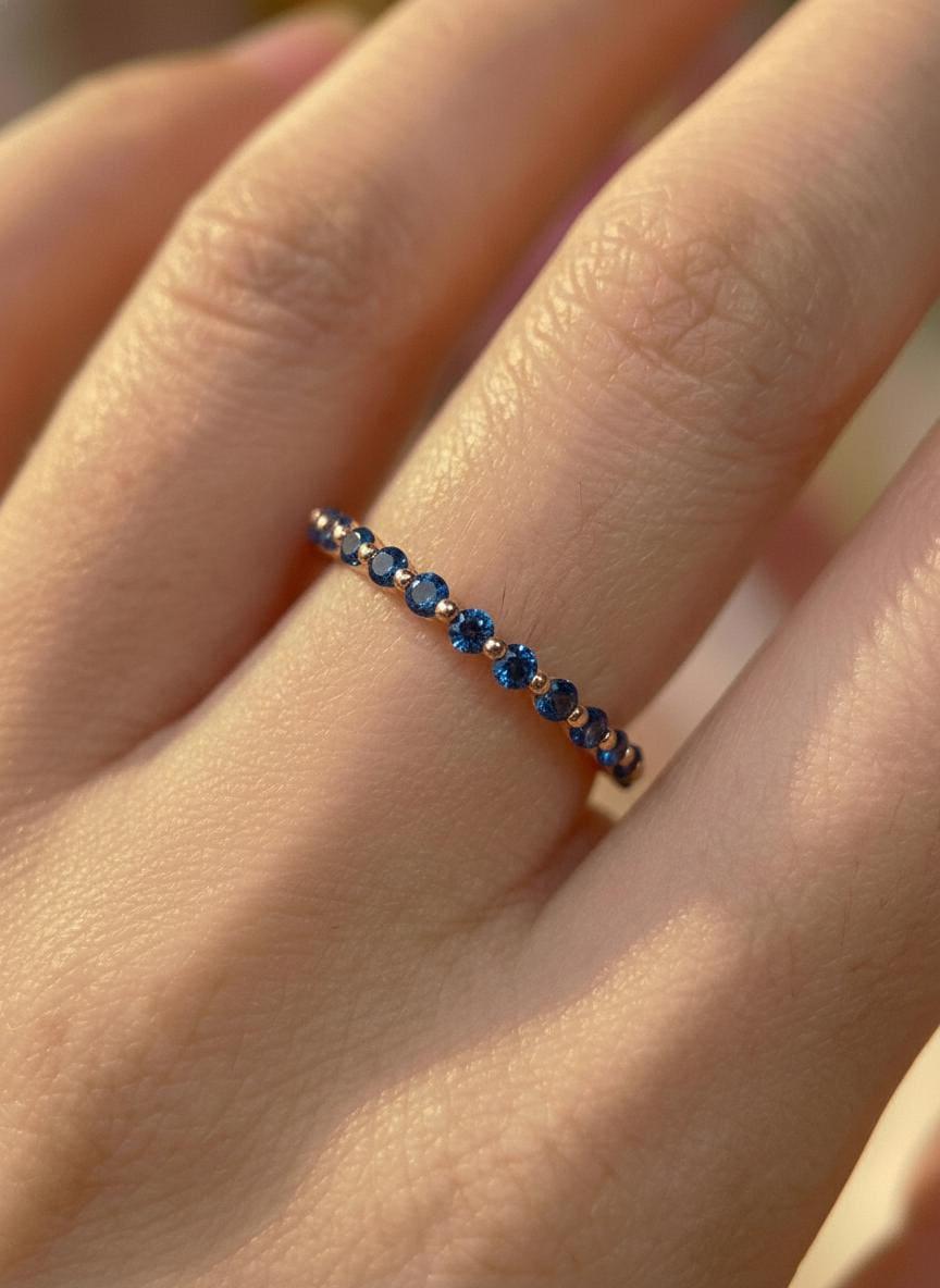 2.0 mm Single Prong London Blue Topaz Ring, November Birthstone, Half Eternity Stackable Band, Bubble Band Gift for Her