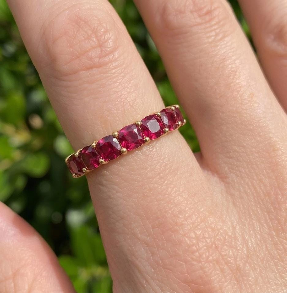 Cushion Cut Ruby Wedding Band, Full Eternity Stacking Ring for Women, 18K Gold Matching Ring, July Birthstone Gift