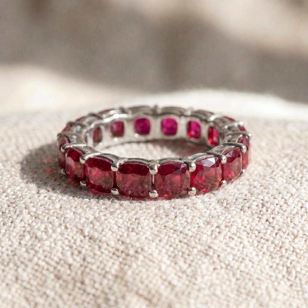 Cushion Cut Ruby Wedding Band, Full Eternity Stacking Ring for Women, 18K Gold Matching Ring, July Birthstone Gift