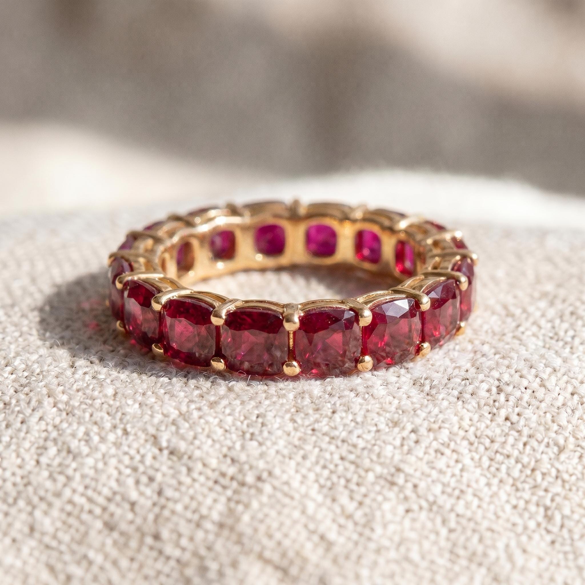 Cushion Cut Ruby Wedding Band, Full Eternity Stacking Ring for Women, 18K Gold Matching Ring, July Birthstone Gift