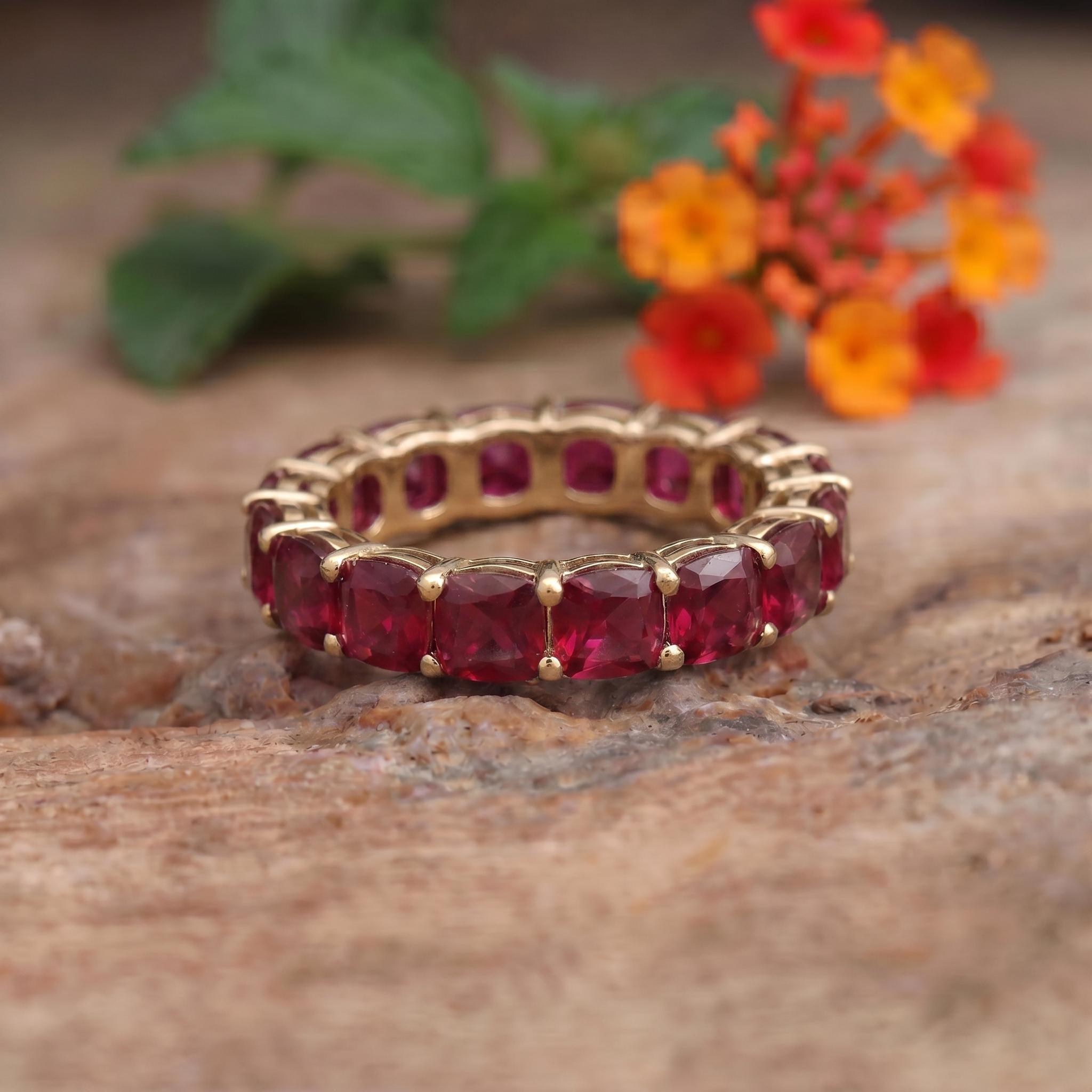 Cushion Cut Ruby Wedding Band, Full Eternity Stacking Ring for Women, 18K Gold Matching Ring, July Birthstone Gift