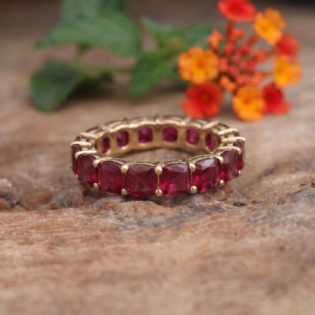 Cushion Cut Ruby Wedding Band, Full Eternity Stacking Ring for Women, 18K Gold Matching Ring, July Birthstone Gift