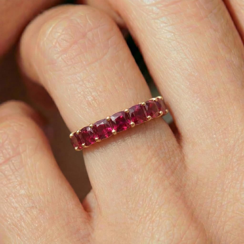 Cushion Cut Ruby Wedding Band, Full Eternity Stacking Ring for Women, 18K Gold Matching Ring, July Birthstone Gift