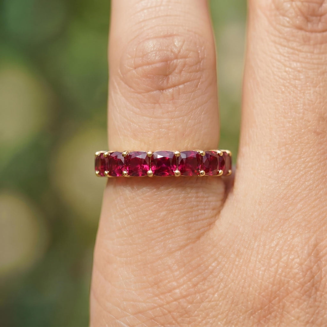 Cushion Cut Ruby Wedding Band, Full Eternity Stacking Ring for Women, 18K Gold Matching Ring, July Birthstone Gift
