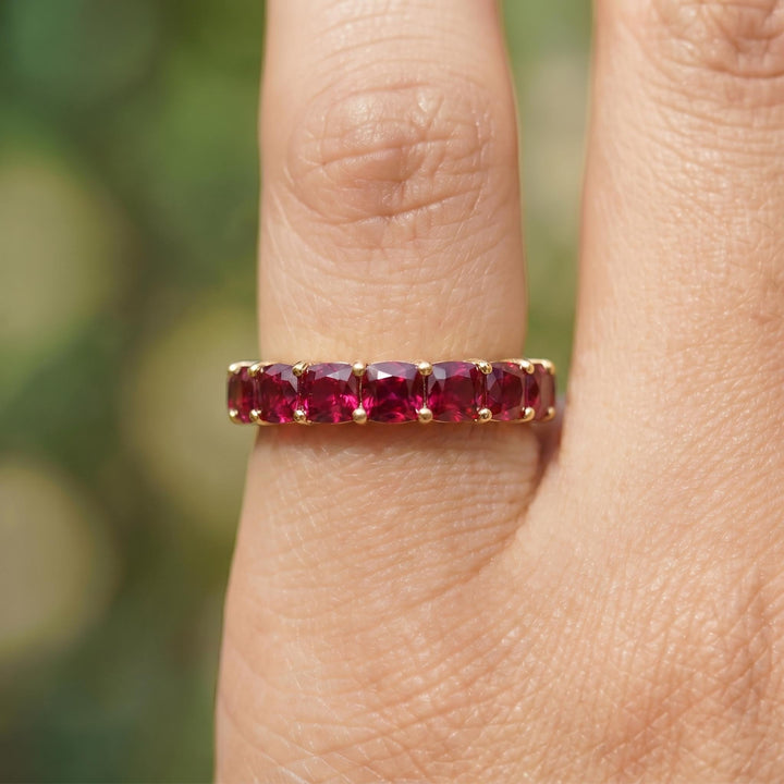 Cushion Cut Ruby Wedding Band, Full Eternity Stacking Ring for Women, 18K Gold Matching Ring, July Birthstone Gift