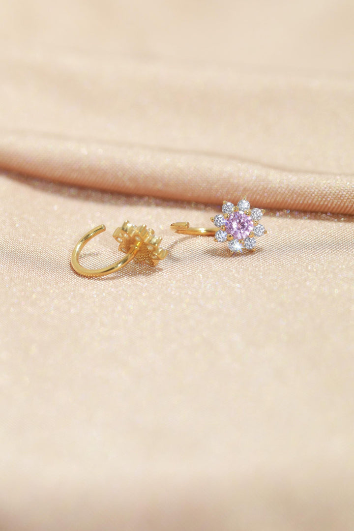 Pink Sapphire Open Huggie Earrings, Floral Open Hoops, Cluster Earrings, September Birthstone Gift for Her