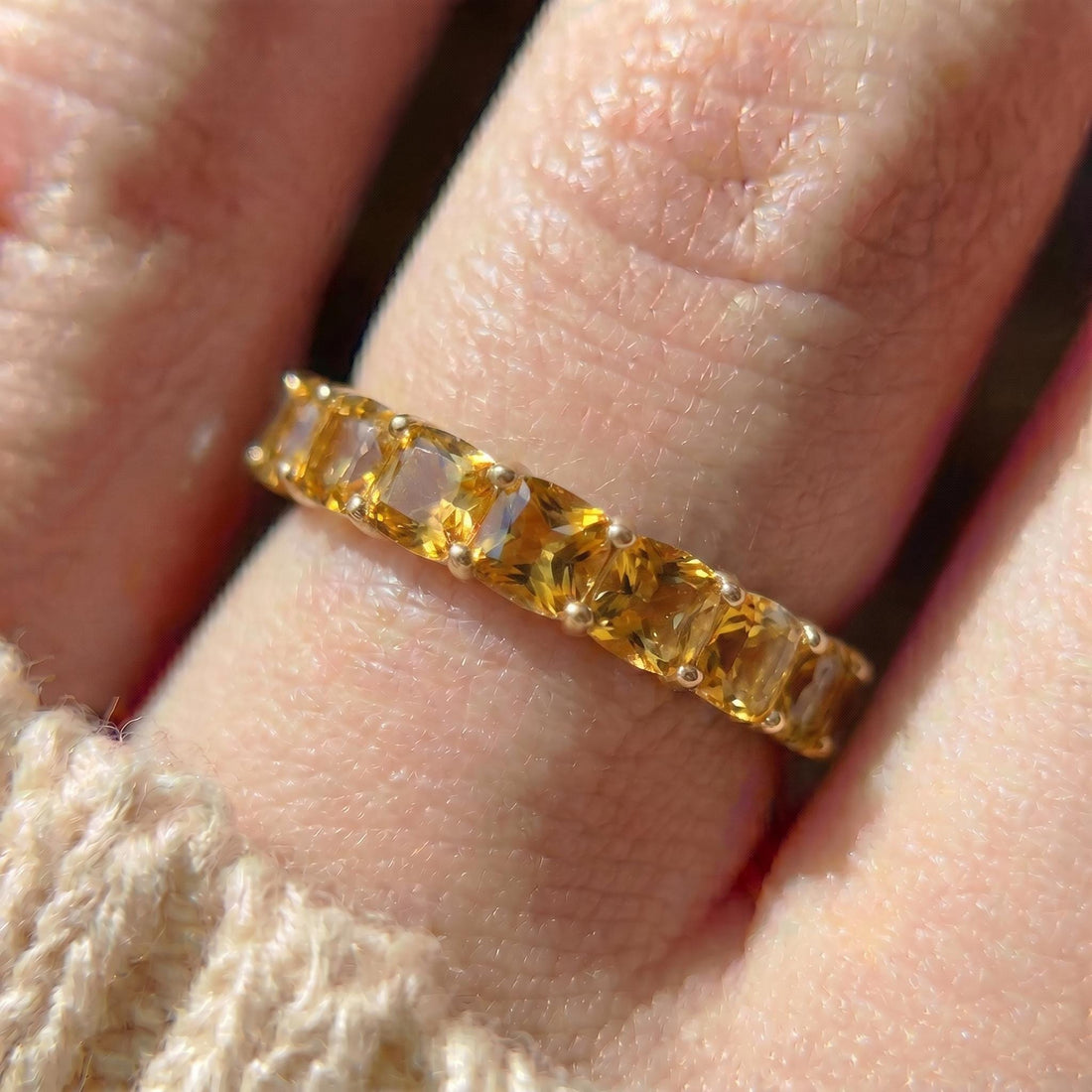 Cushion Cut Citrine Wedding Band, Full Eternity Stacking Ring for Women, 18K Gold Matching Ring, November Birthstone Gift