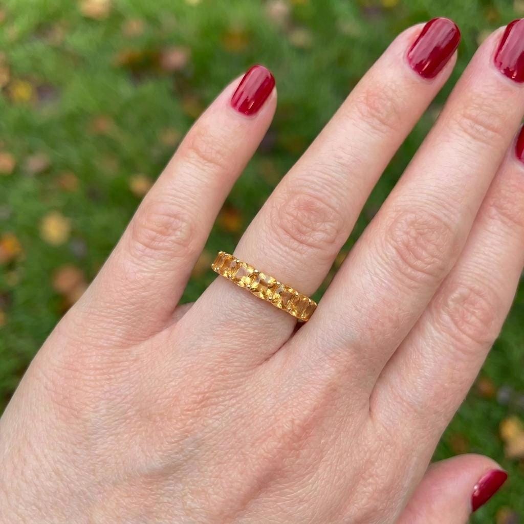 Cushion Cut Citrine Wedding Band, Full Eternity Stacking Ring for Women, 18K Gold Matching Ring, November Birthstone Gift
