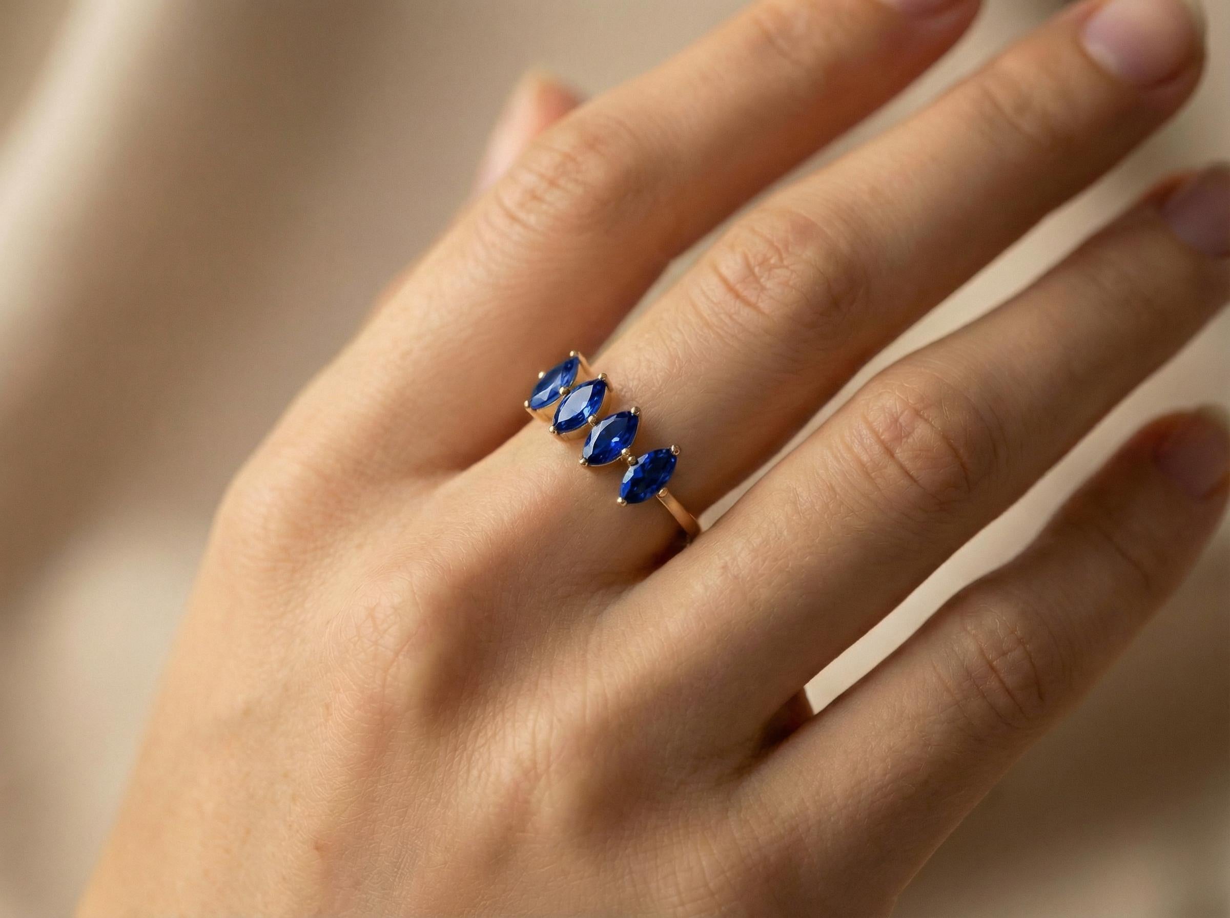 Blue Sapphire Ring 14k Gold, Marquise Wedding Band, Valentine Gift for Her, 4 Stone Anniversary Ring, September Birthstone, Romantic Jewelry