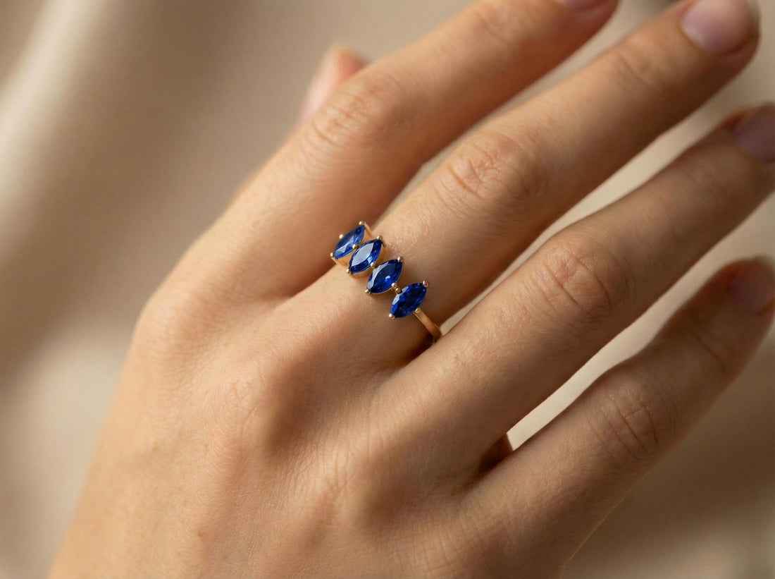 Blue Sapphire Ring 14k Gold, Marquise Wedding Band, Valentine Gift for Her, 4 Stone Anniversary Ring, September Birthstone, Romantic Jewelry