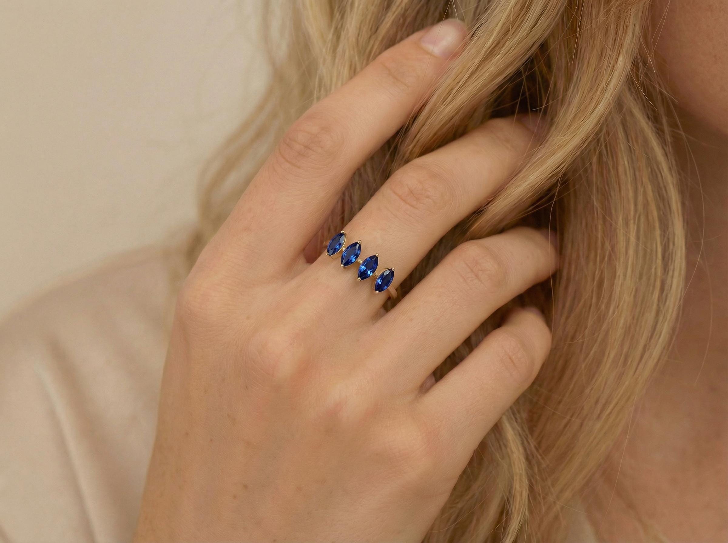 Blue Sapphire Ring 14k Gold, Marquise Wedding Band, Valentine Gift for Her, 4 Stone Anniversary Ring, September Birthstone, Romantic Jewelry