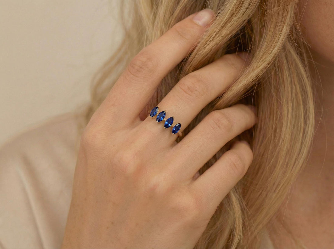 Blue Sapphire Ring 14k Gold, Marquise Wedding Band, Valentine Gift for Her, 4 Stone Anniversary Ring, September Birthstone, Romantic Jewelry