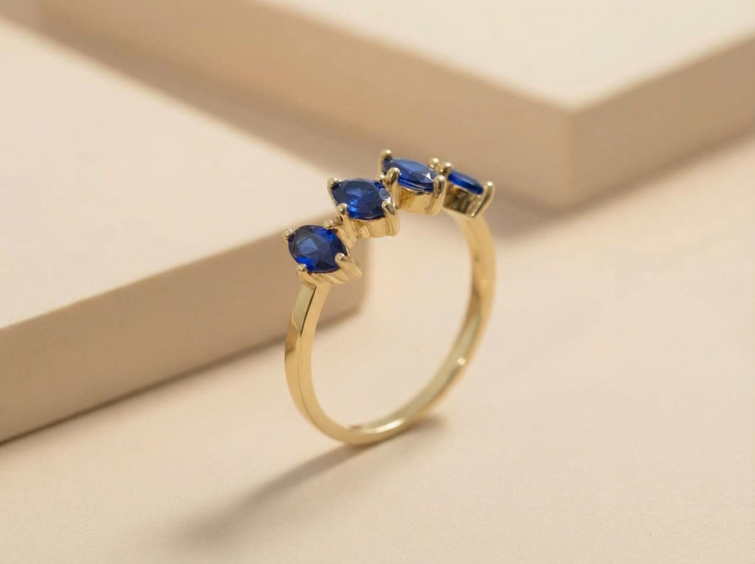 Blue Sapphire Ring 14k Gold, Marquise Wedding Band, Valentine Gift for Her, 4 Stone Anniversary Ring, September Birthstone, Romantic Jewelry
