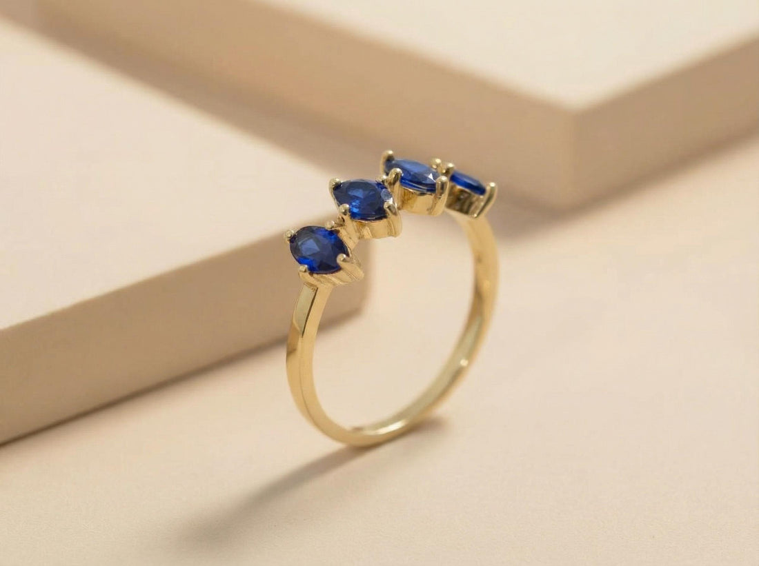Blue Sapphire Ring 14k Gold, Marquise Wedding Band, Valentine Gift for Her, 4 Stone Anniversary Ring, September Birthstone, Romantic Jewelry