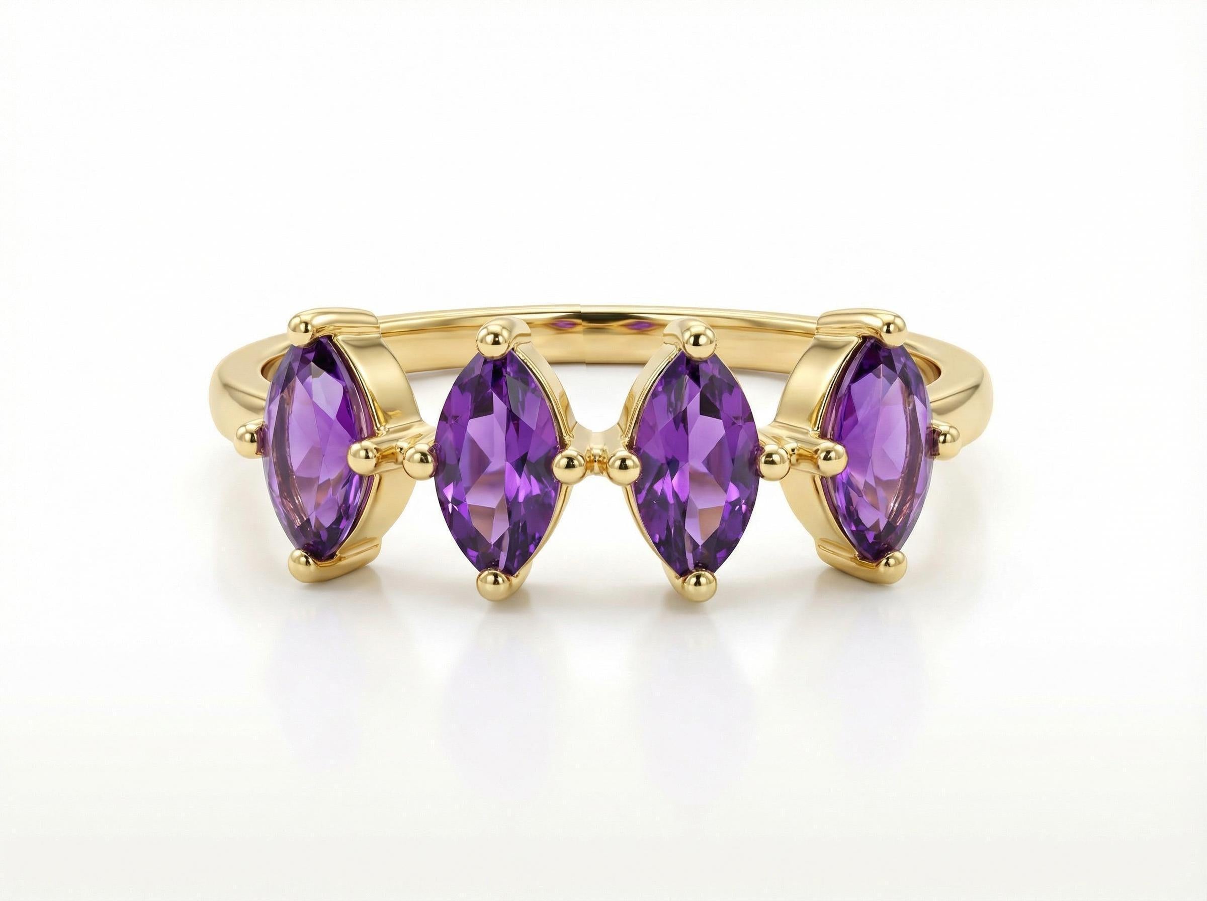 Marquise Amethyst Ring 14K Gold, 4 Stone Purple Gemstone Wedding Band, Art Deco February Birthstone Anniversary Gift, Unique Stacking Ring