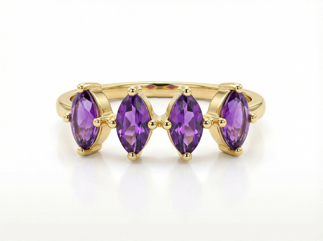 Marquise Amethyst Ring 14K Gold, 4 Stone Purple Gemstone Wedding Band, Art Deco February Birthstone Anniversary Gift, Unique Stacking Ring