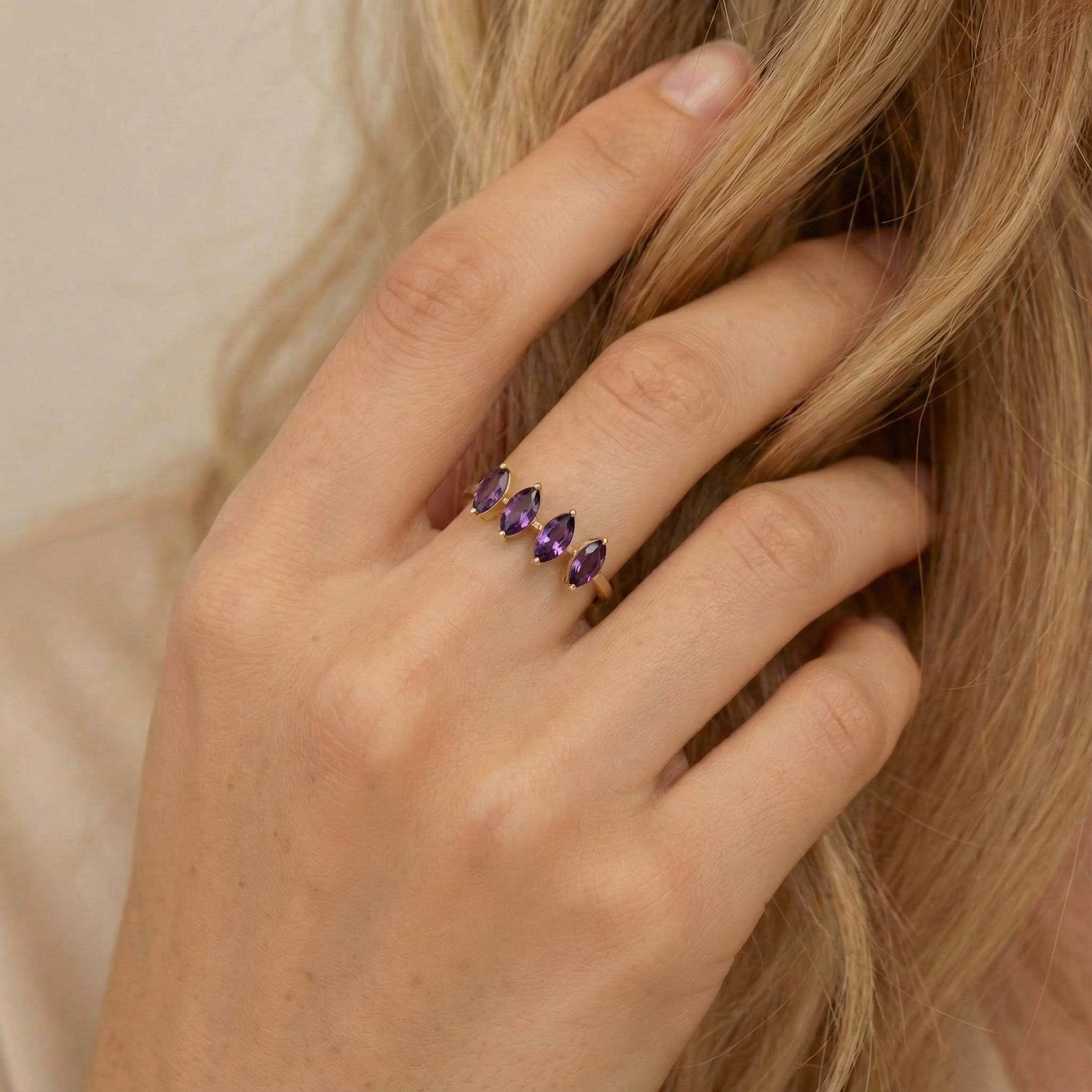 Marquise Amethyst Ring 14K Gold, 4 Stone Purple Gemstone Wedding Band, Art Deco February Birthstone Anniversary Gift, Unique Stacking Ring