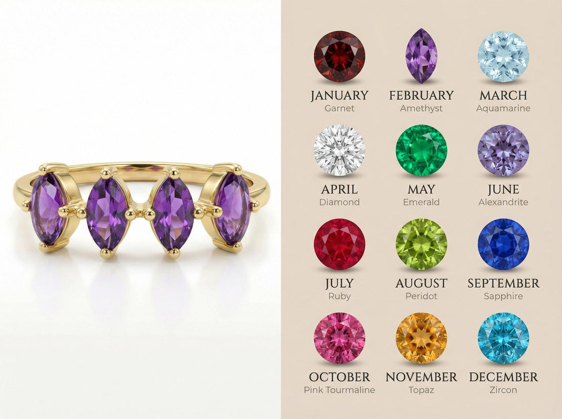Marquise Amethyst Ring 14K Gold, 4 Stone Purple Gemstone Wedding Band, Art Deco February Birthstone Anniversary Gift, Unique Stacking Ring