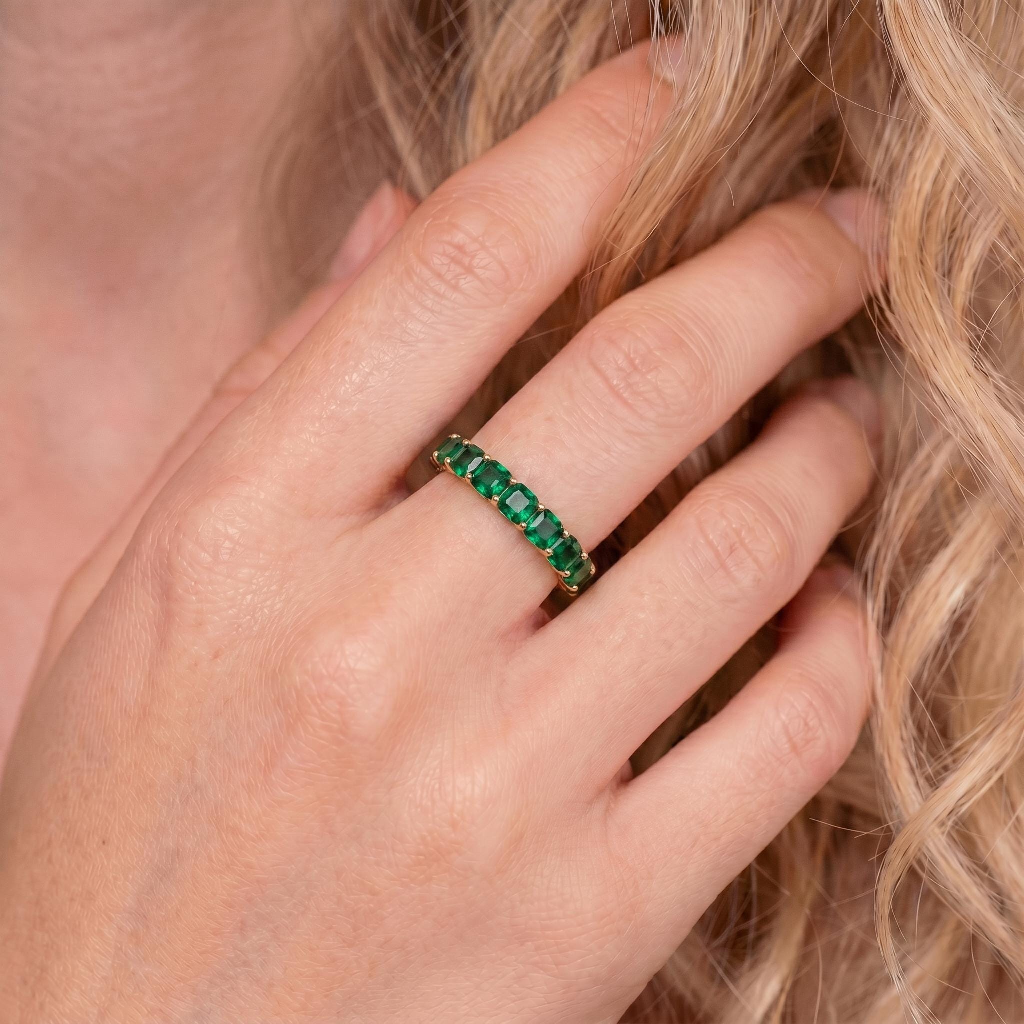 Cushion Cut Emerald Wedding Band, Full Eternity Stacking Ring for Women, 18K Gold Matching Ring, May Birthstone Gift