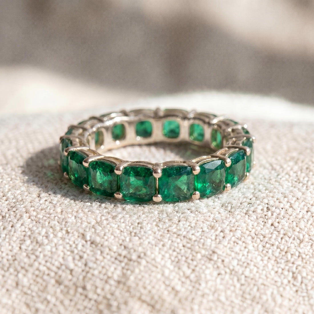 Cushion Cut Emerald Wedding Band, Full Eternity Stacking Ring for Women, 18K Gold Matching Ring, May Birthstone Gift