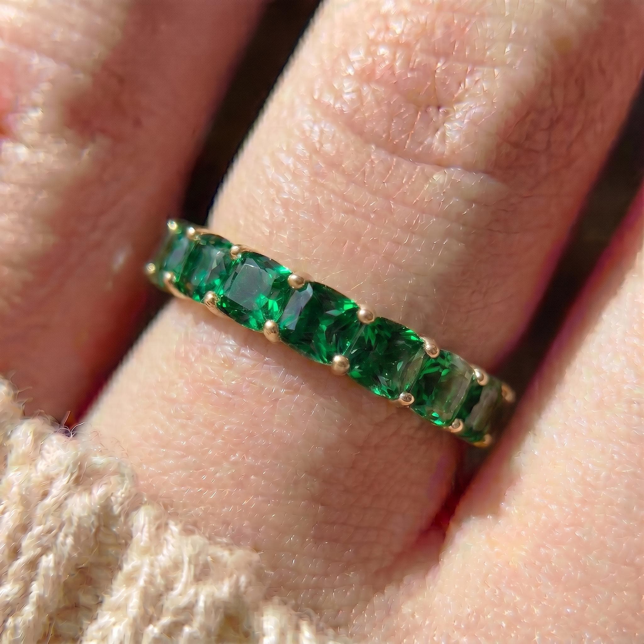 Cushion Cut Emerald Wedding Band, Full Eternity Stacking Ring for Women, 18K Gold Matching Ring, May Birthstone Gift