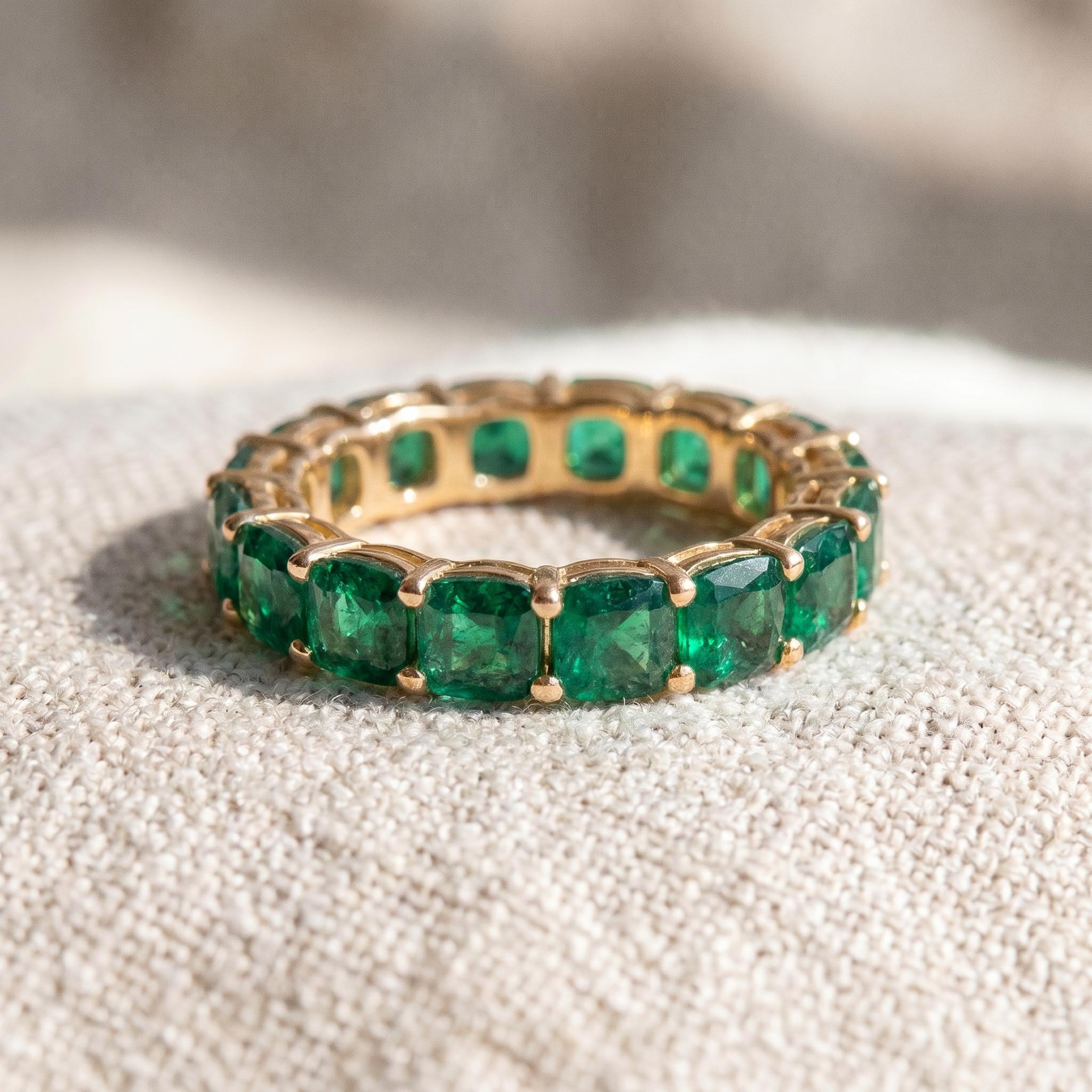 Cushion Cut Emerald Wedding Band, Full Eternity Stacking Ring for Women, 18K Gold Matching Ring, May Birthstone Gift