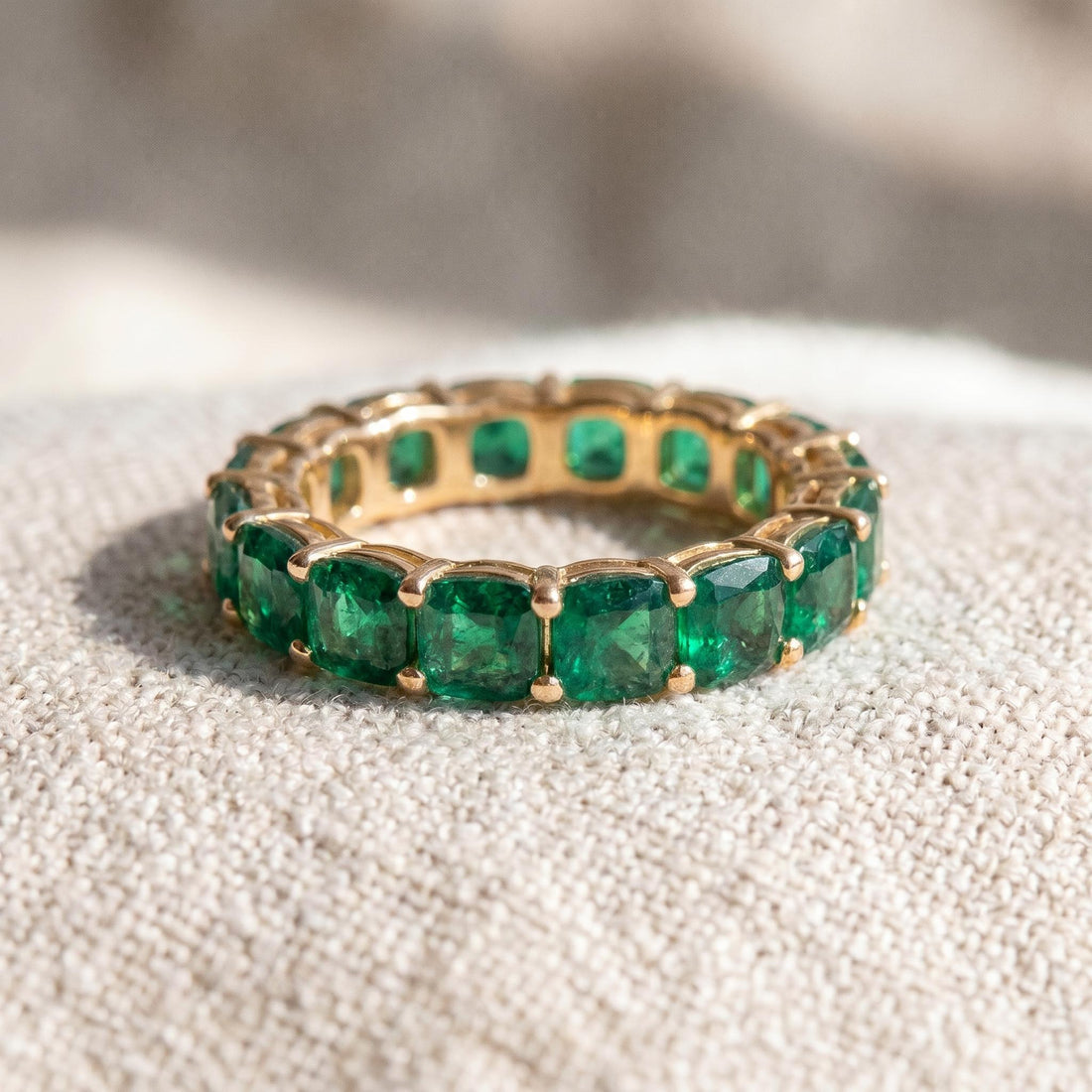 Cushion Cut Emerald Wedding Band, Full Eternity Stacking Ring for Women, 18K Gold Matching Ring, May Birthstone Gift