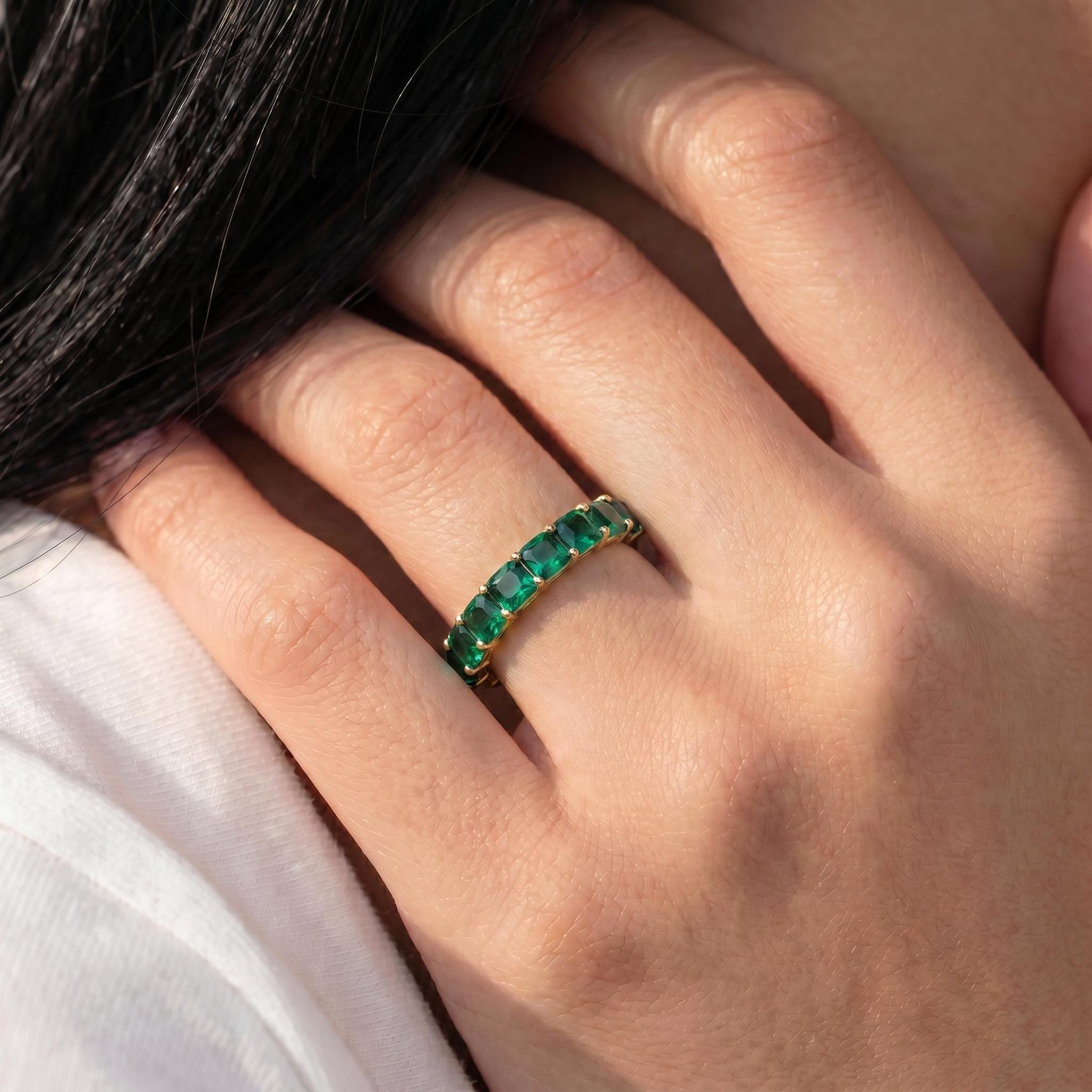 Cushion Cut Emerald Wedding Band, Full Eternity Stacking Ring for Women, 18K Gold Matching Ring, May Birthstone Gift