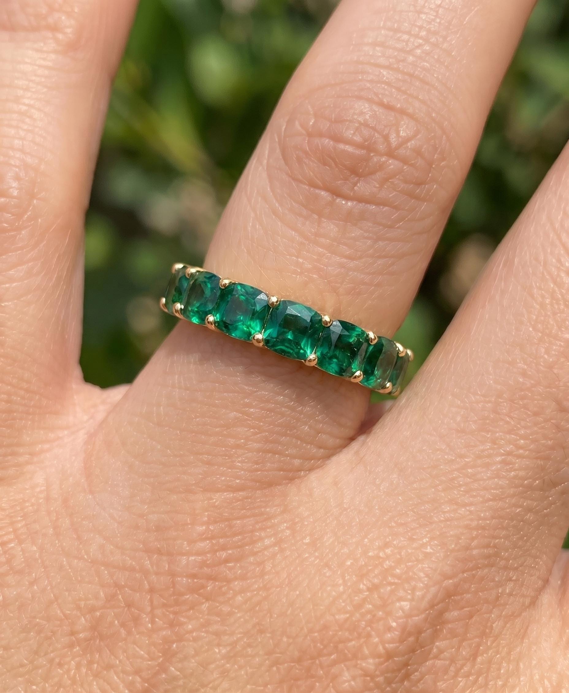 Cushion Cut Emerald Wedding Band, Full Eternity Stacking Ring for Women, 18K Gold Matching Ring, May Birthstone Gift