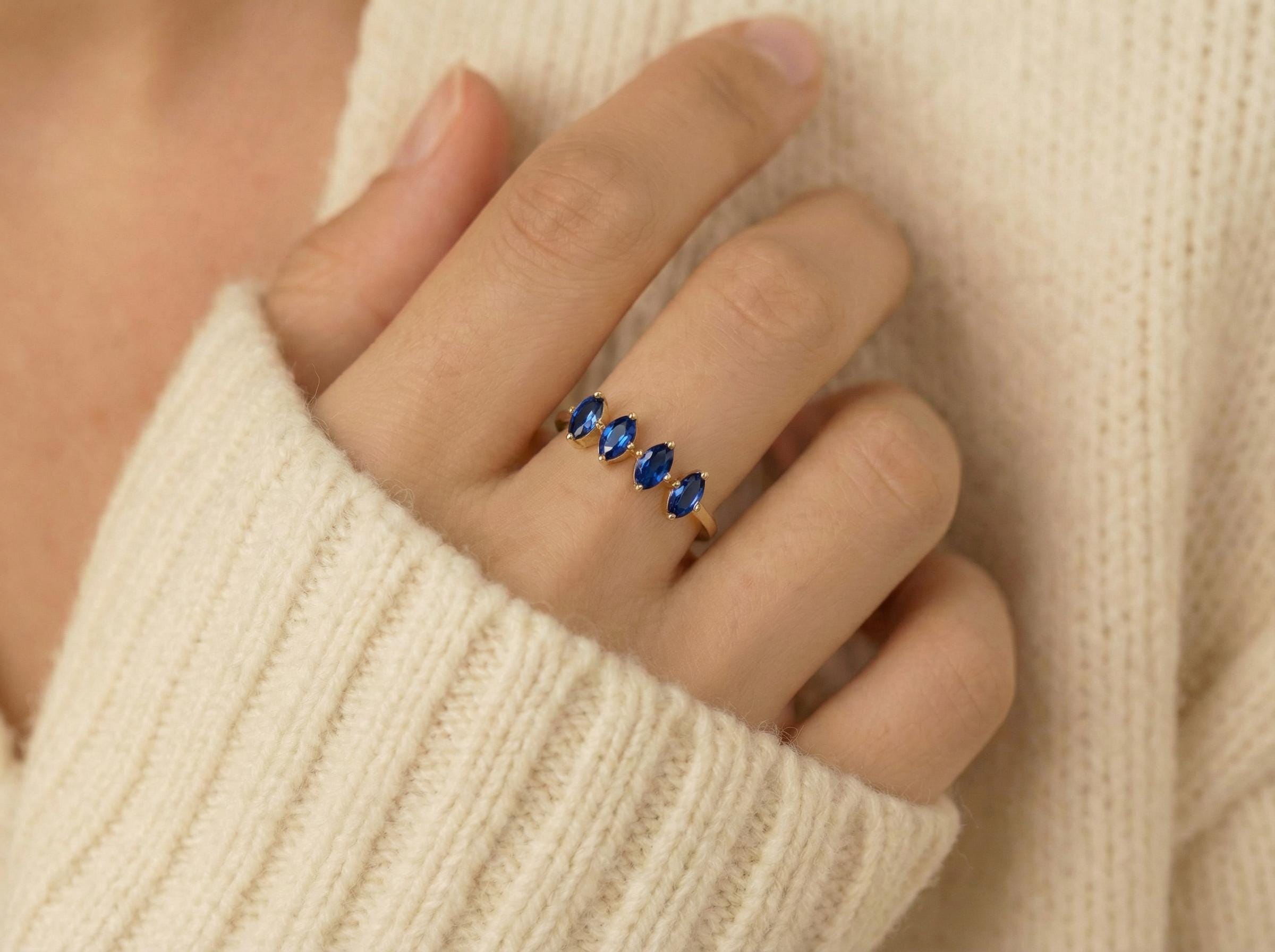 Blue Sapphire Ring 14k Gold, Marquise Wedding Band, Valentine Gift for Her, 4 Stone Anniversary Ring, September Birthstone, Romantic Jewelry