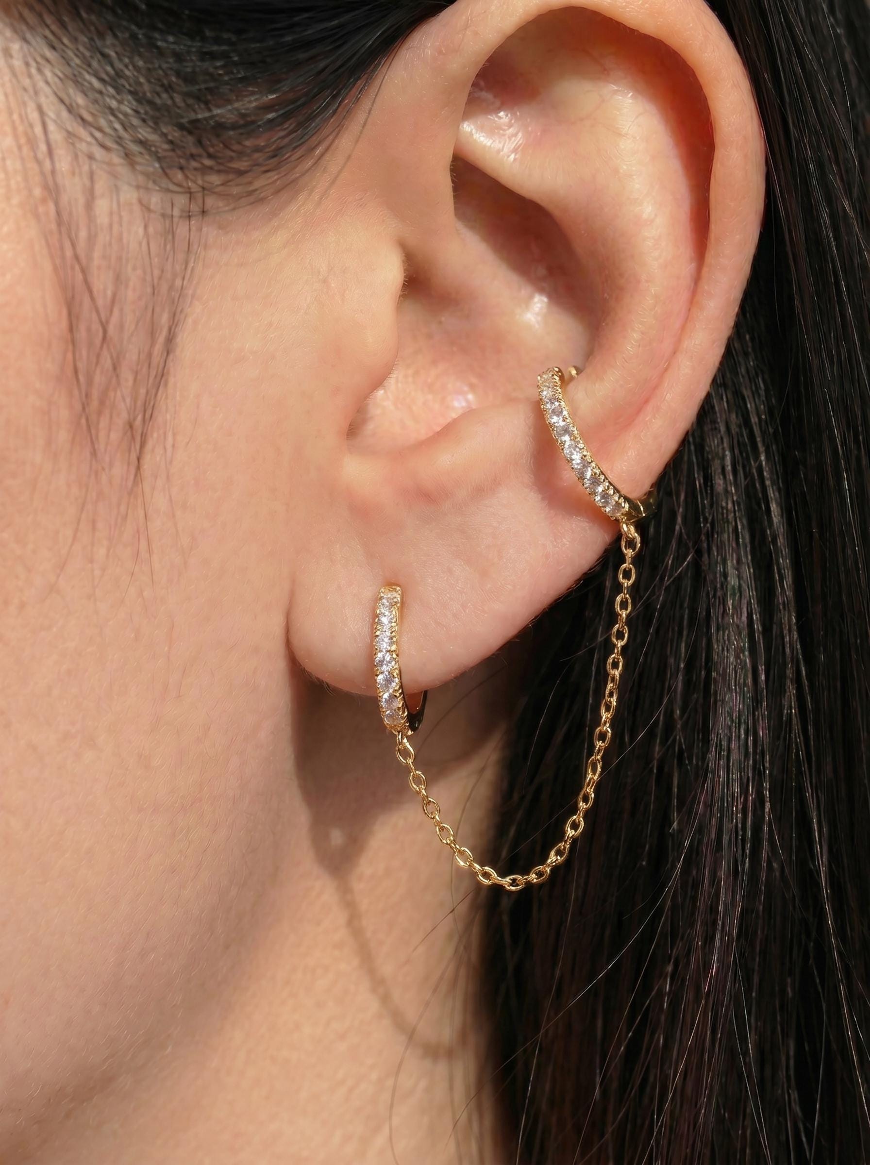 Diamonds Hoop Earrings, Huggie Hoop Earrings Gift for Women, Bridal Earrings, Sparkly Double Chain Hoops
