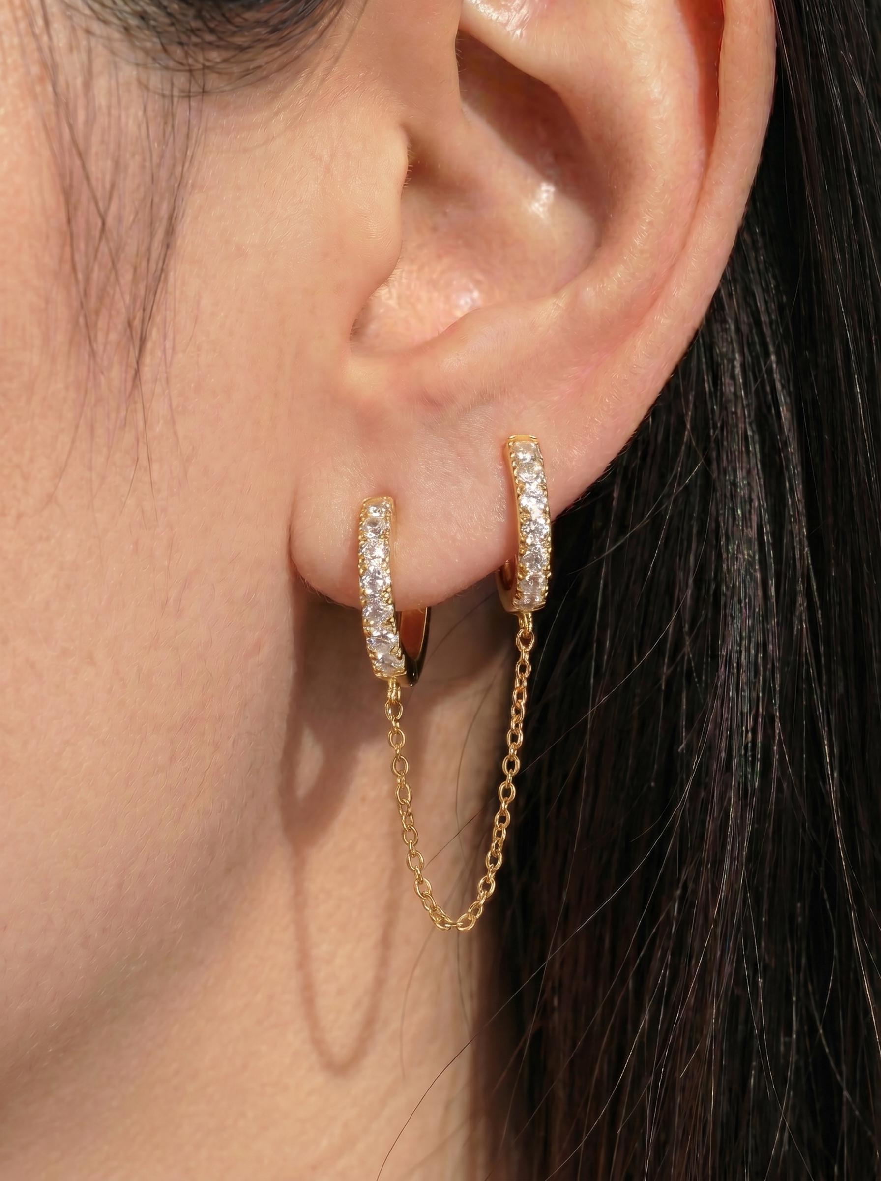 Diamonds Hoop Earrings, Huggie Hoop Earrings Gift for Women, Bridal Earrings, Sparkly Double Chain Hoops