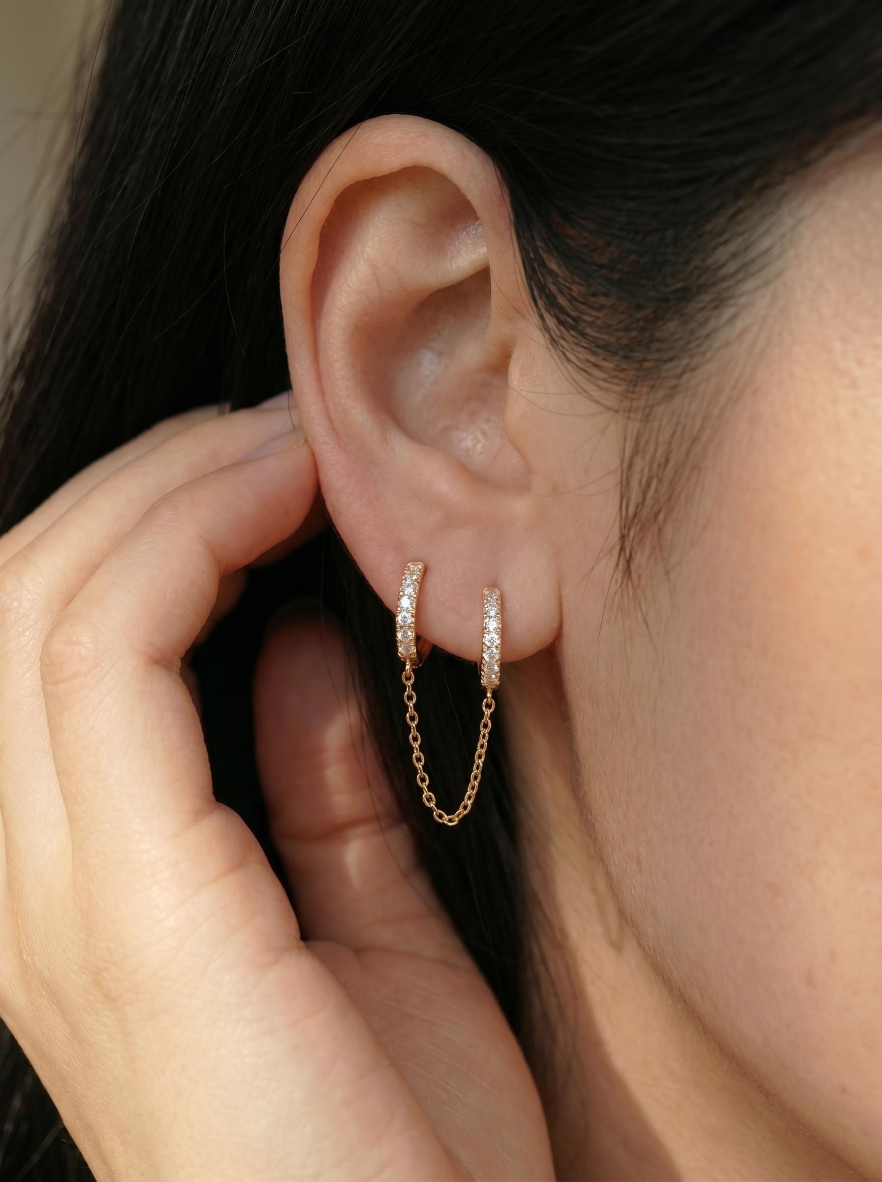 Diamonds Hoop Earrings, Huggie Hoop Earrings Gift for Women, Bridal Earrings, Sparkly Double Chain Hoops