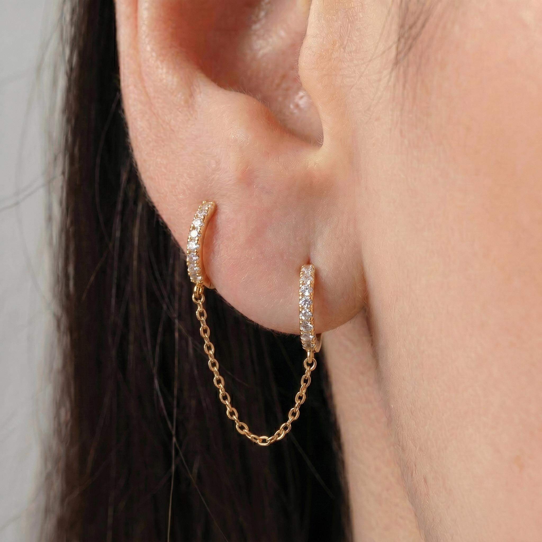 Diamonds Hoop Earrings, Huggie Hoop Earrings Gift for Women, Bridal Earrings, Sparkly Double Chain Hoops