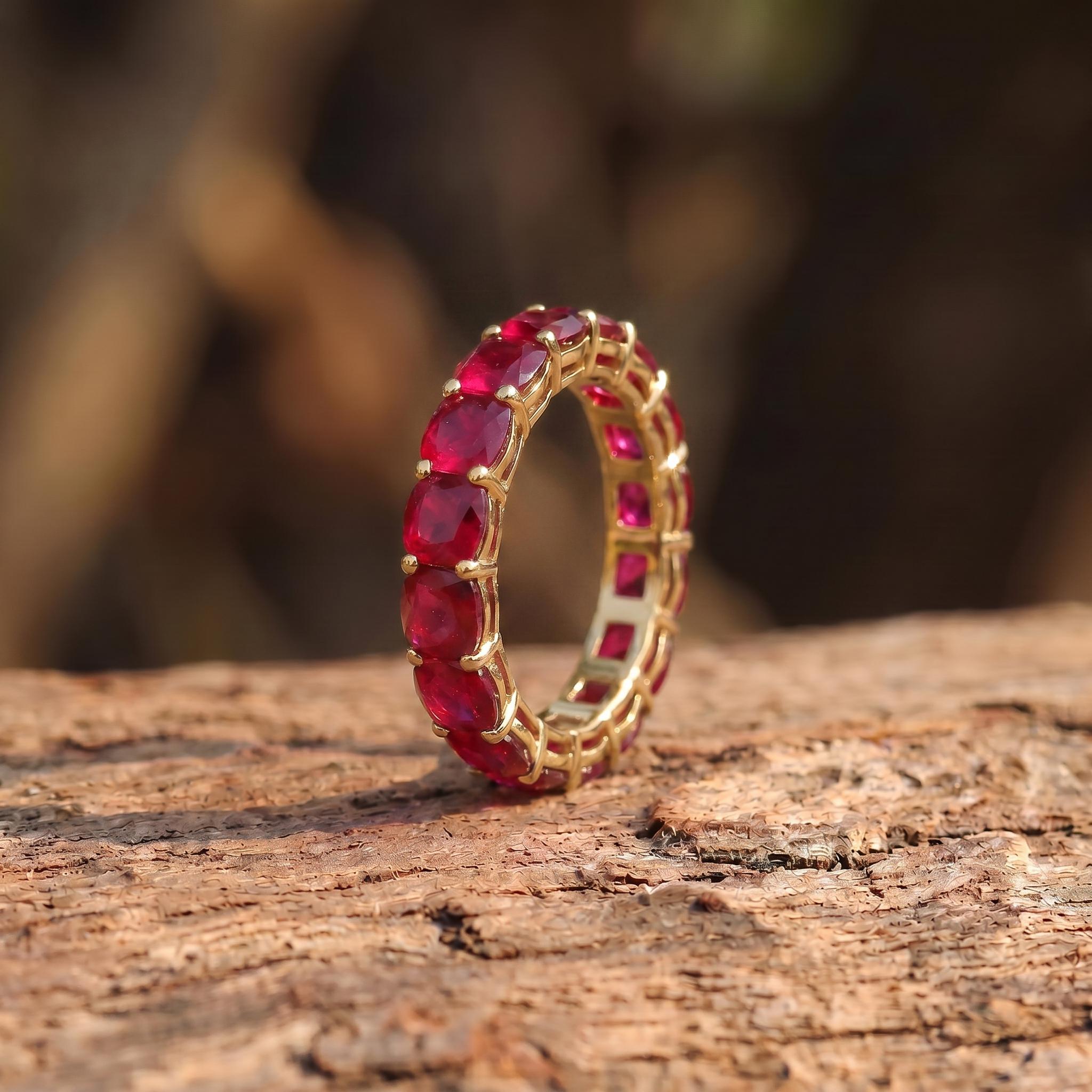 Cushion Cut Ruby Wedding Band, Full Eternity Stacking Ring for Women, 18K Gold Matching Ring, July Birthstone Gift