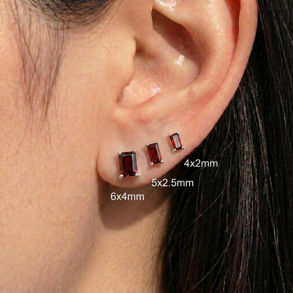 Emerald Cut Garnet Stud Earrings 18K Gold, January Birthstone Earrings, Minimalist Gold Gemstone Studs, Dainty Earrings for Her