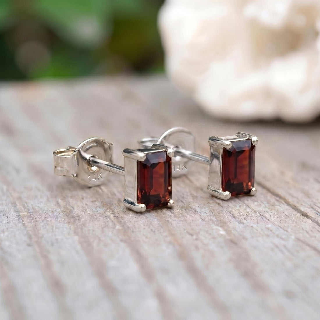 Emerald Cut Garnet Stud Earrings 18K Gold, January Birthstone Earrings, Minimalist Gold Gemstone Studs, Dainty Earrings for Her