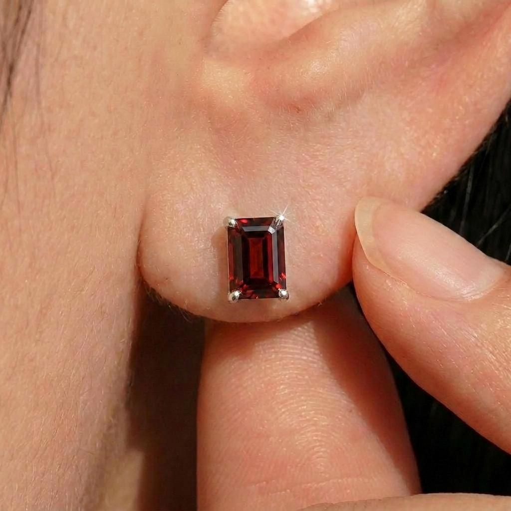 Emerald Cut Garnet Stud Earrings 18K Gold, January Birthstone Earrings, Minimalist Gold Gemstone Studs, Dainty Earrings for Her