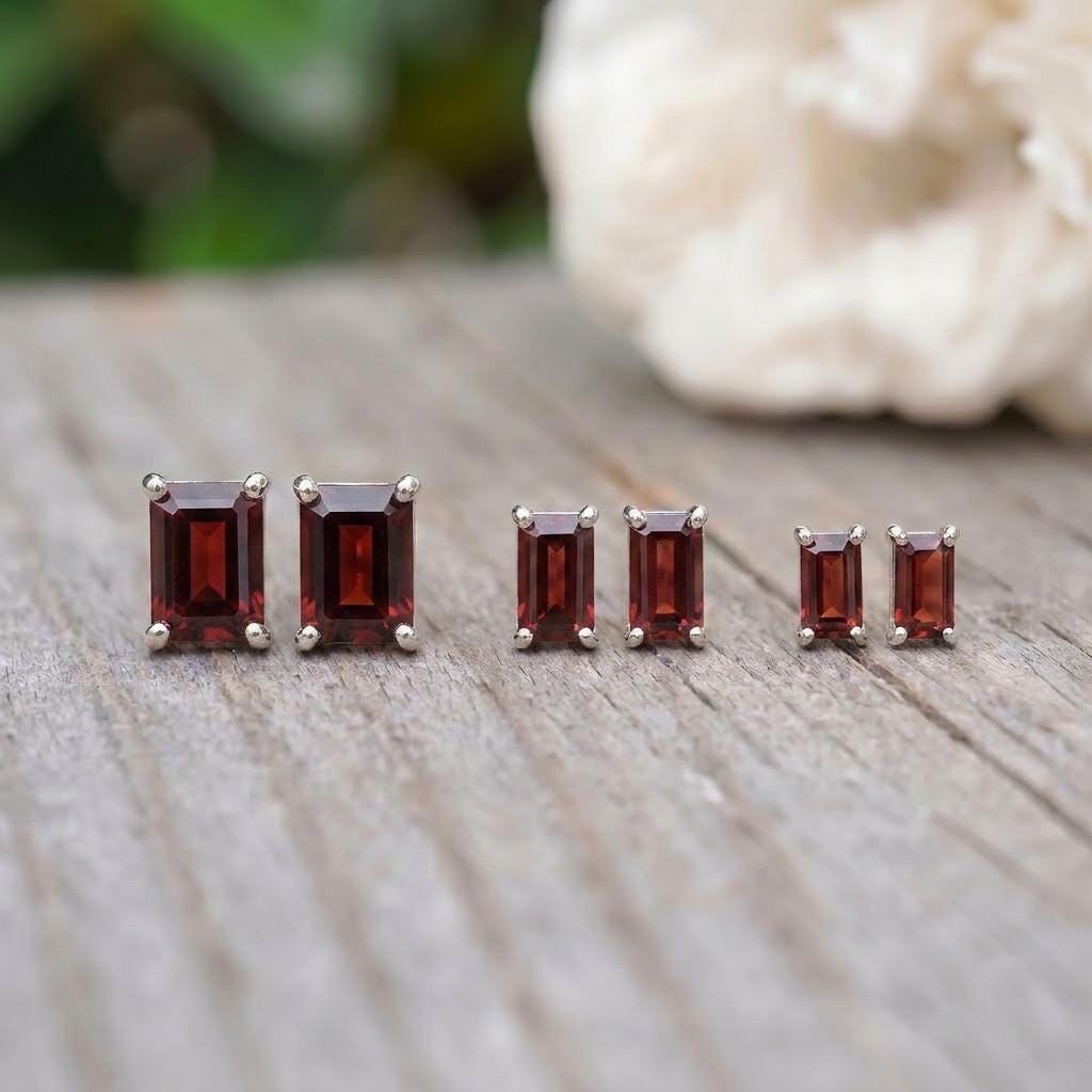 Emerald Cut Garnet Stud Earrings 18K Gold, January Birthstone Earrings, Minimalist Gold Gemstone Studs, Dainty Earrings for Her