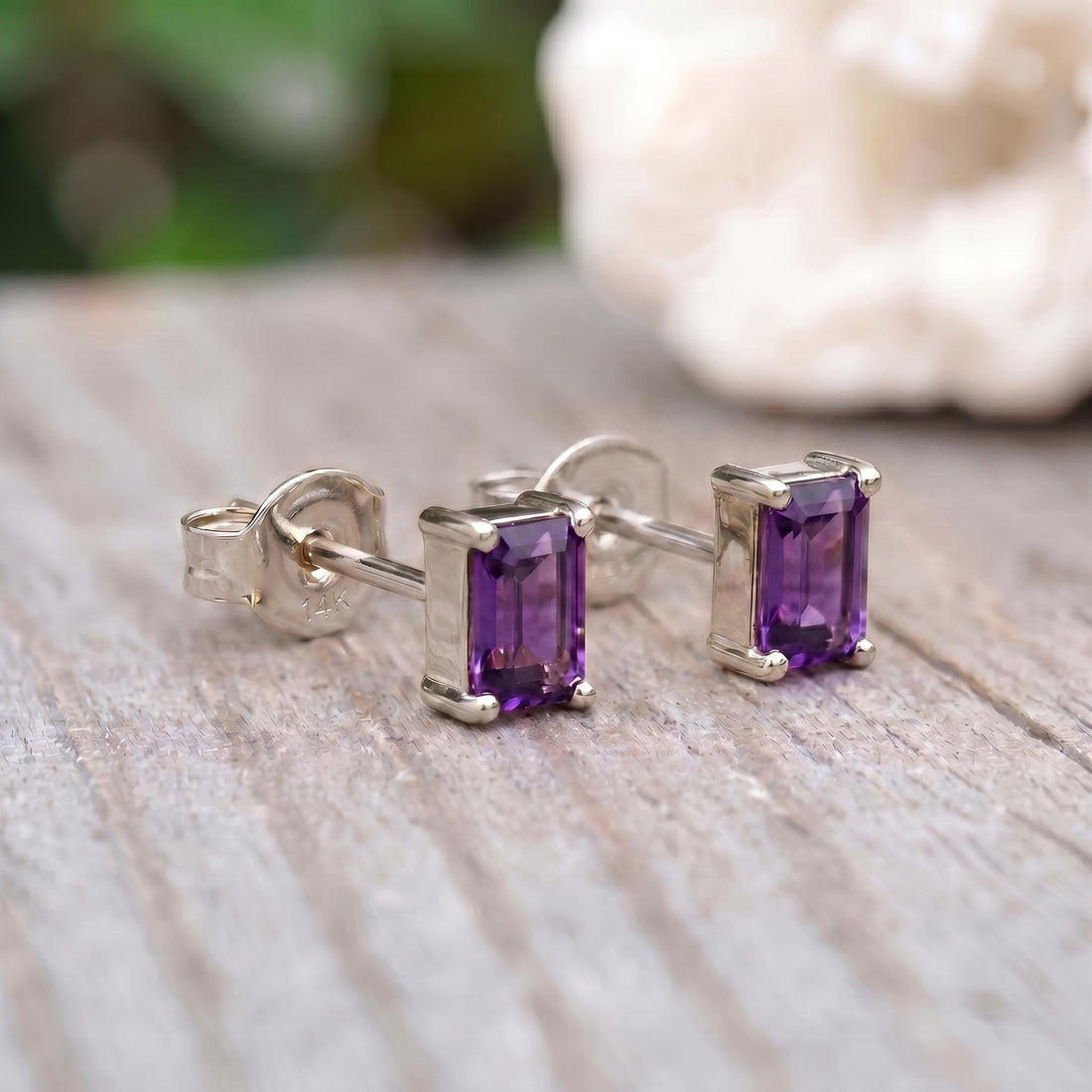 Emerald Cut Amethyst Stud Earrings 18K Gold, February Birthstone Earrings, Minimalist Gold Gemstone Studs, Dainty Earrings for Her