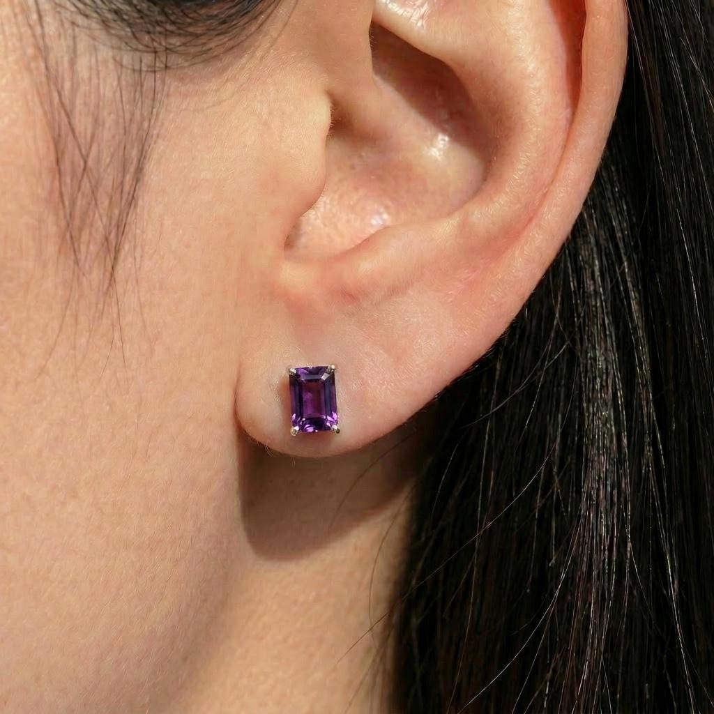 Emerald Cut Amethyst Stud Earrings 18K Gold, February Birthstone Earrings, Minimalist Gold Gemstone Studs, Dainty Earrings for Her
