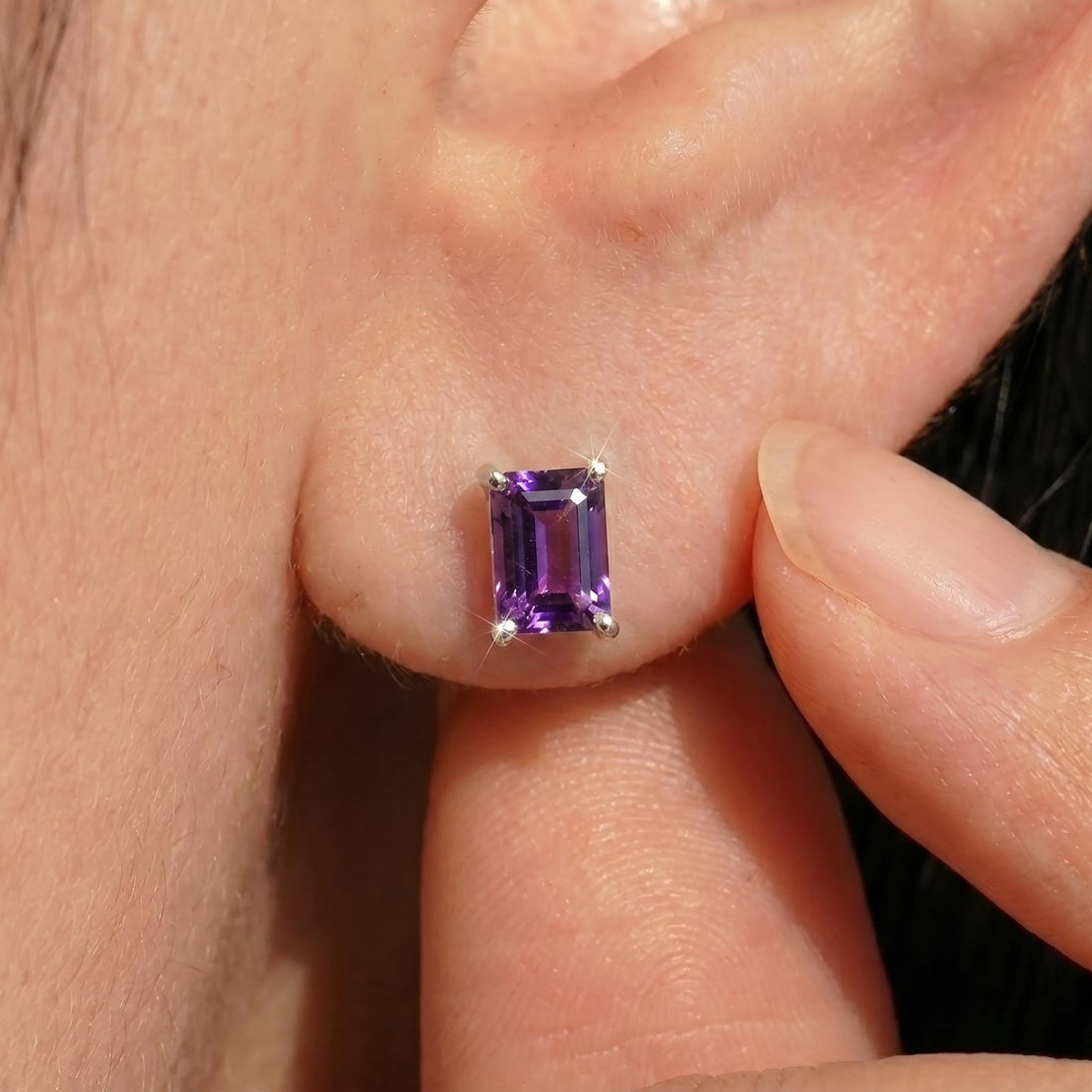 Emerald Cut Amethyst Stud Earrings 18K Gold, February Birthstone Earrings, Minimalist Gold Gemstone Studs, Dainty Earrings for Her