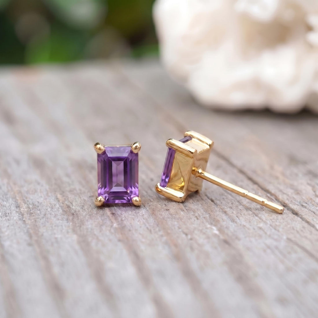 Emerald Cut Amethyst Stud Earrings 18K Gold, February Birthstone Earrings, Minimalist Gold Gemstone Studs, Dainty Earrings for Her